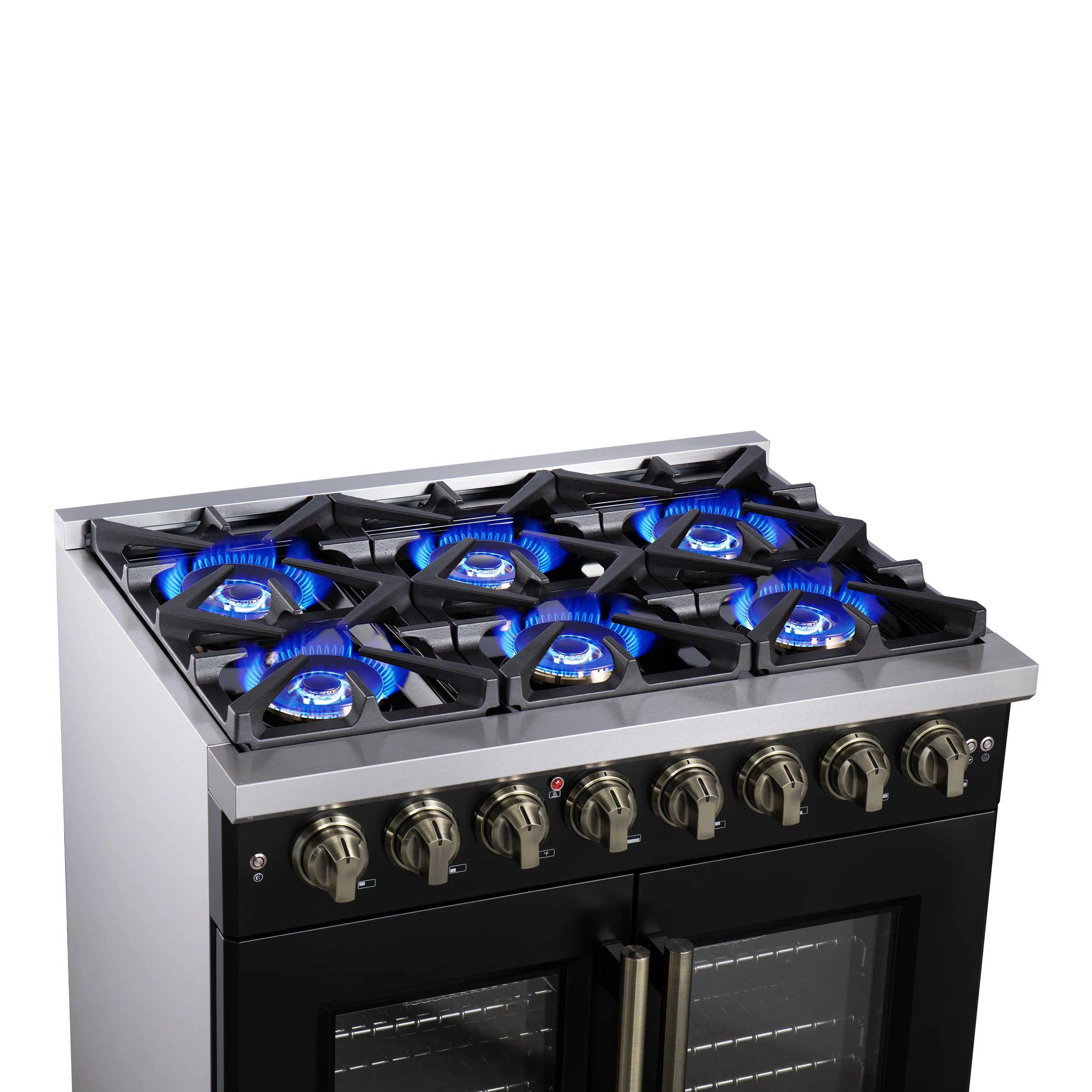 Forno Capriasca 36 Inch Freestanding French Door Dual Fuel Range in Black with Antique Brass Accessories, 6 Burners, True Convection Oven - Image 12