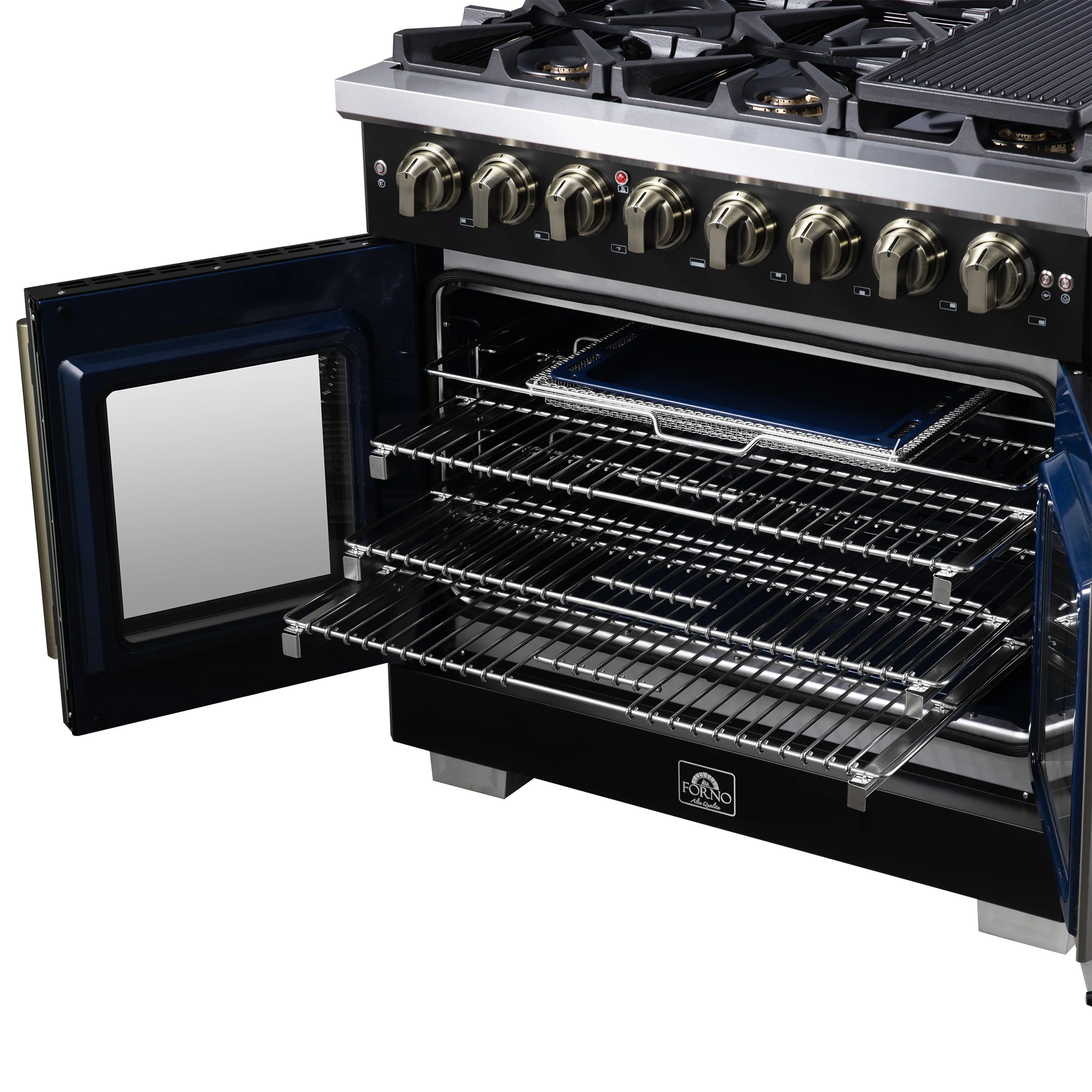 Forno Capriasca 36 Inch Freestanding French Door Dual Fuel Range in Black with Antique Brass Accessories, 6 Burners, True Convection Oven - Image 14