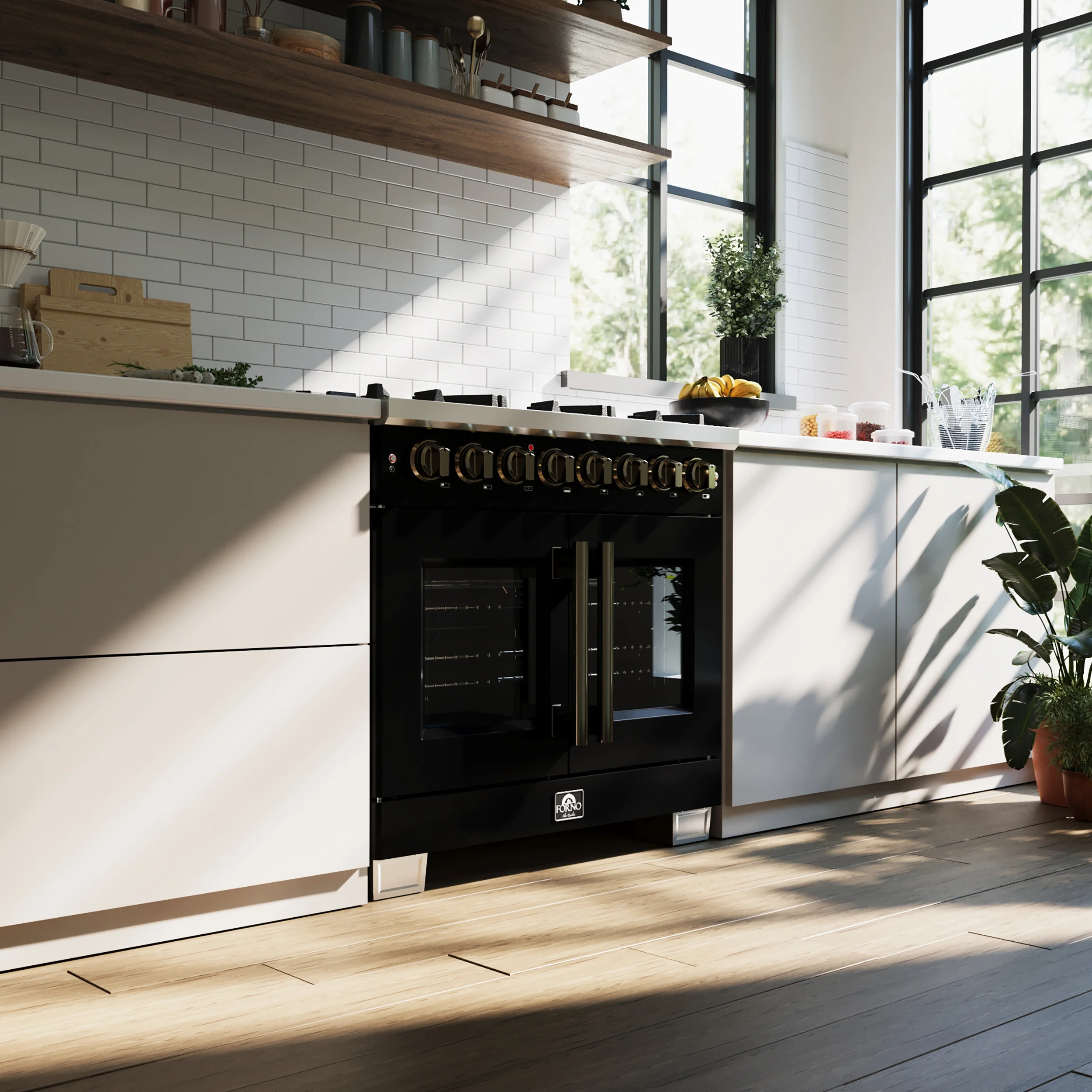 Forno Capriasca 36 Inch Freestanding French Door Dual Fuel Range in Black with Antique Brass Accessories, 6 Burners, True Convection Oven - Image 19