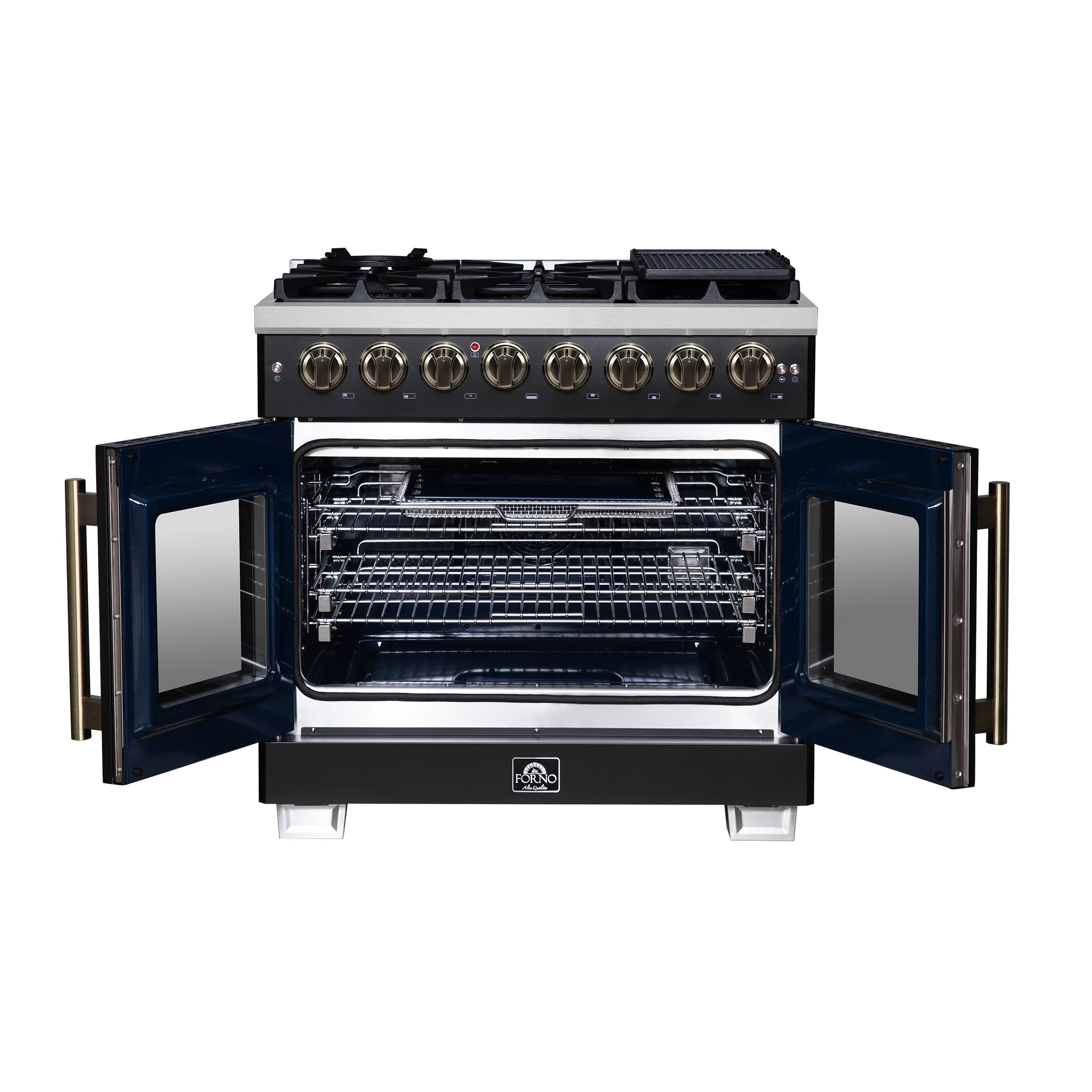 Forno Capriasca 36 Inch Freestanding French Door Dual Fuel Range in Black with Antique Brass Accessories, 6 Burners, True Convection Oven - Image 2