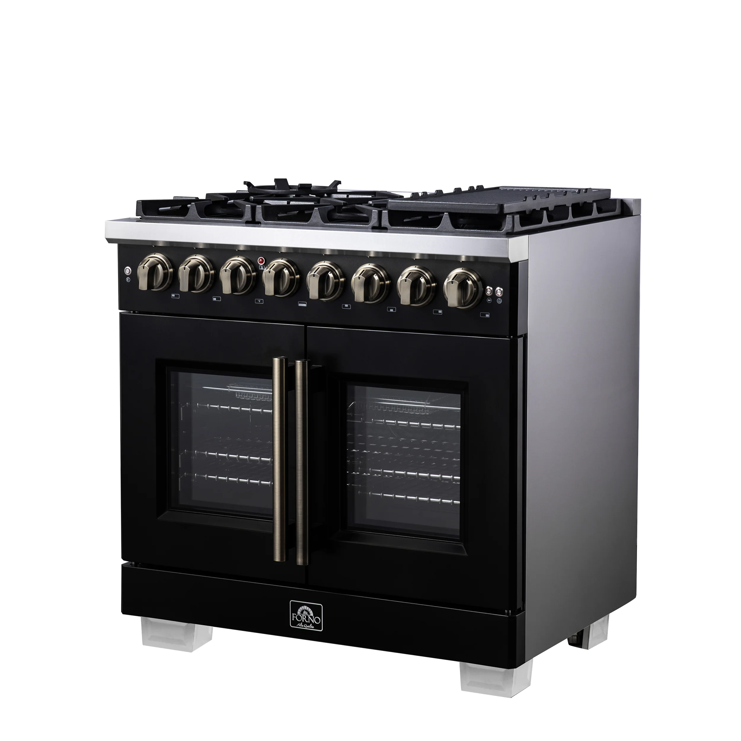 Forno Capriasca 36 Inch Freestanding French Door Dual Fuel Range in Black with Antique Brass Accessories, 6 Burners, True Convection Oven - Image 7