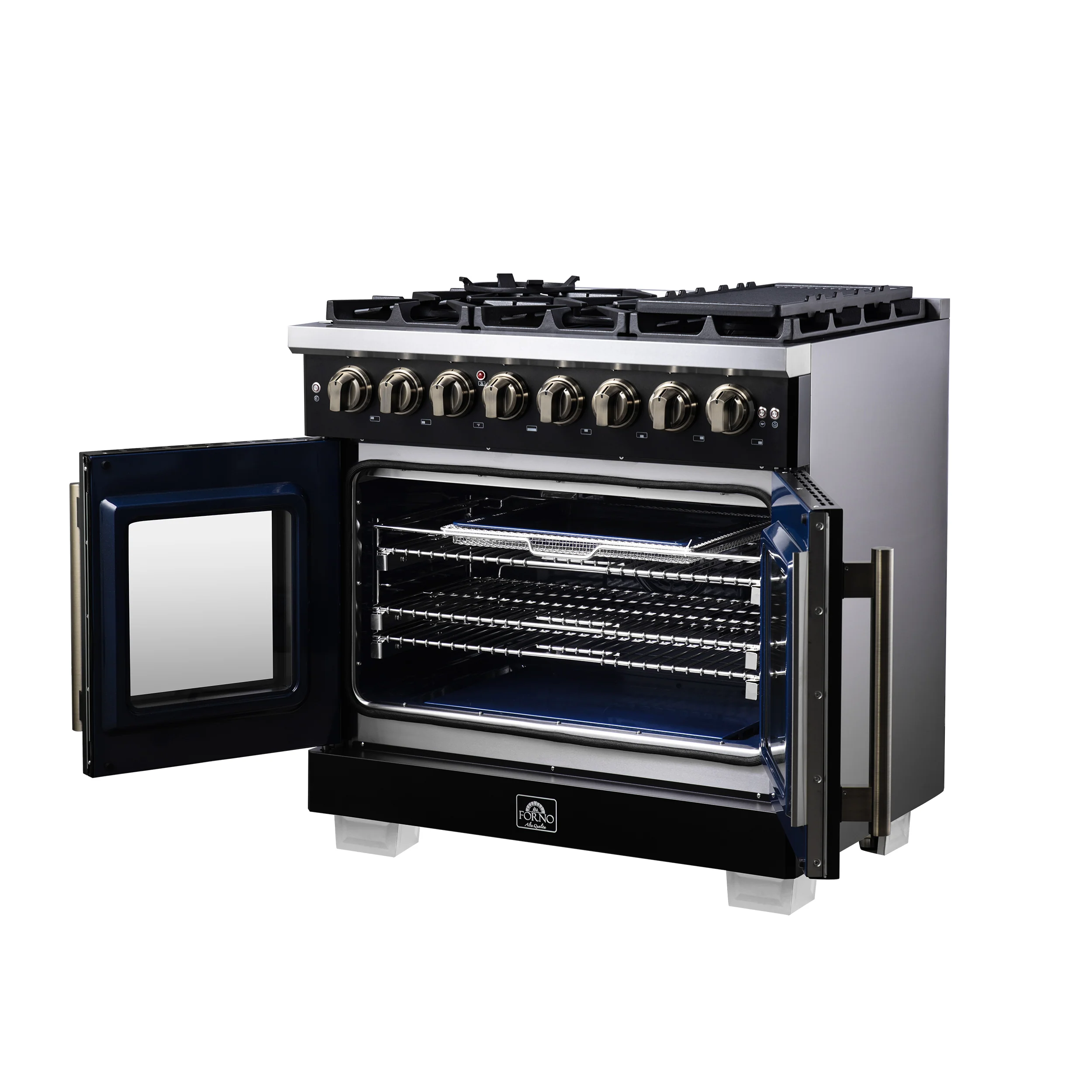 Forno Capriasca 36 Inch Freestanding French Door Dual Fuel Range in Black with Antique Brass Accessories, 6 Burners, True Convection Oven - Image 8