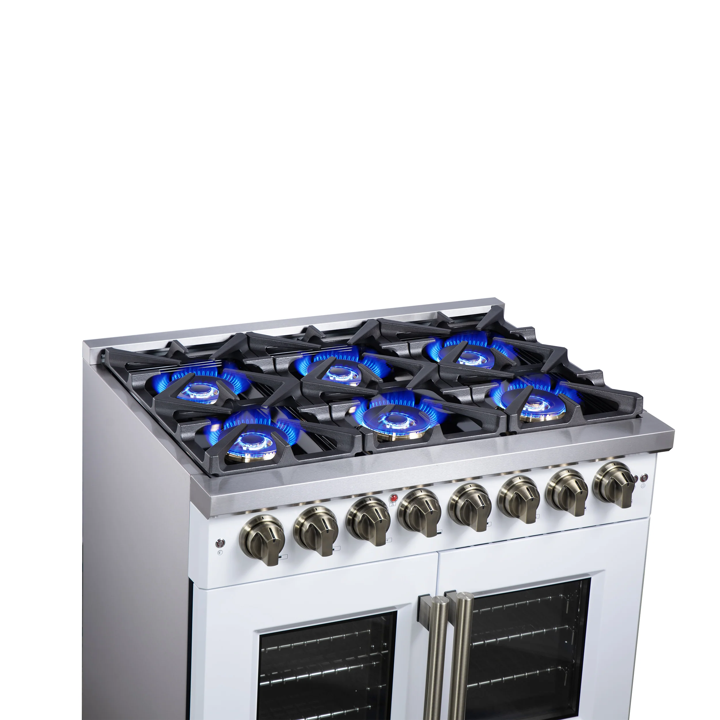Forno Capriasca 36 Inch Freestanding French Door Dual Fuel Range in White with Antique Brass Accessories, 6 Burners, True Convection Oven - Image 12