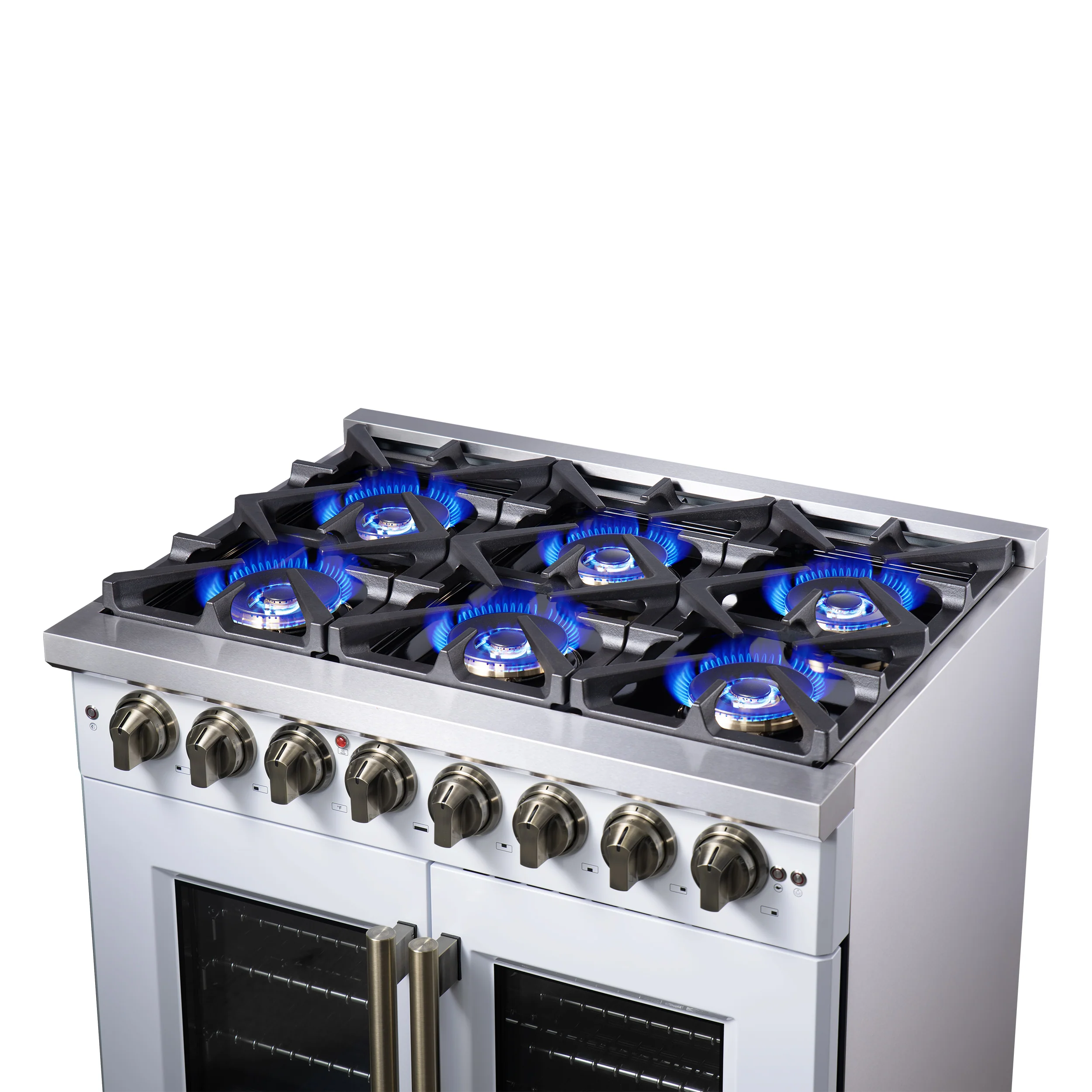 Forno Capriasca 36 Inch Freestanding French Door Dual Fuel Range in White with Antique Brass Accessories, 6 Burners, True Convection Oven - Image 13