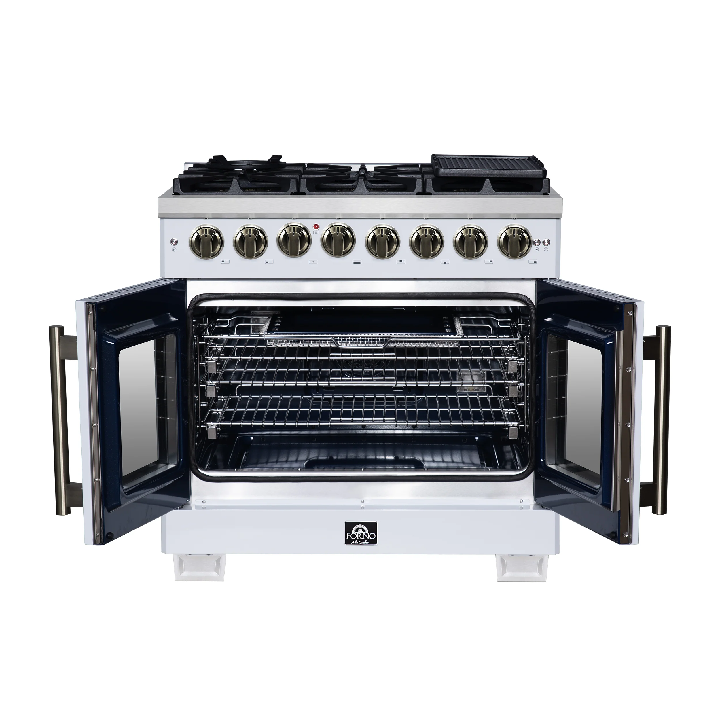 Forno Capriasca 36 Inch Freestanding French Door Dual Fuel Range in White with Antique Brass Accessories, 6 Burners, True Convection Oven - Image 2