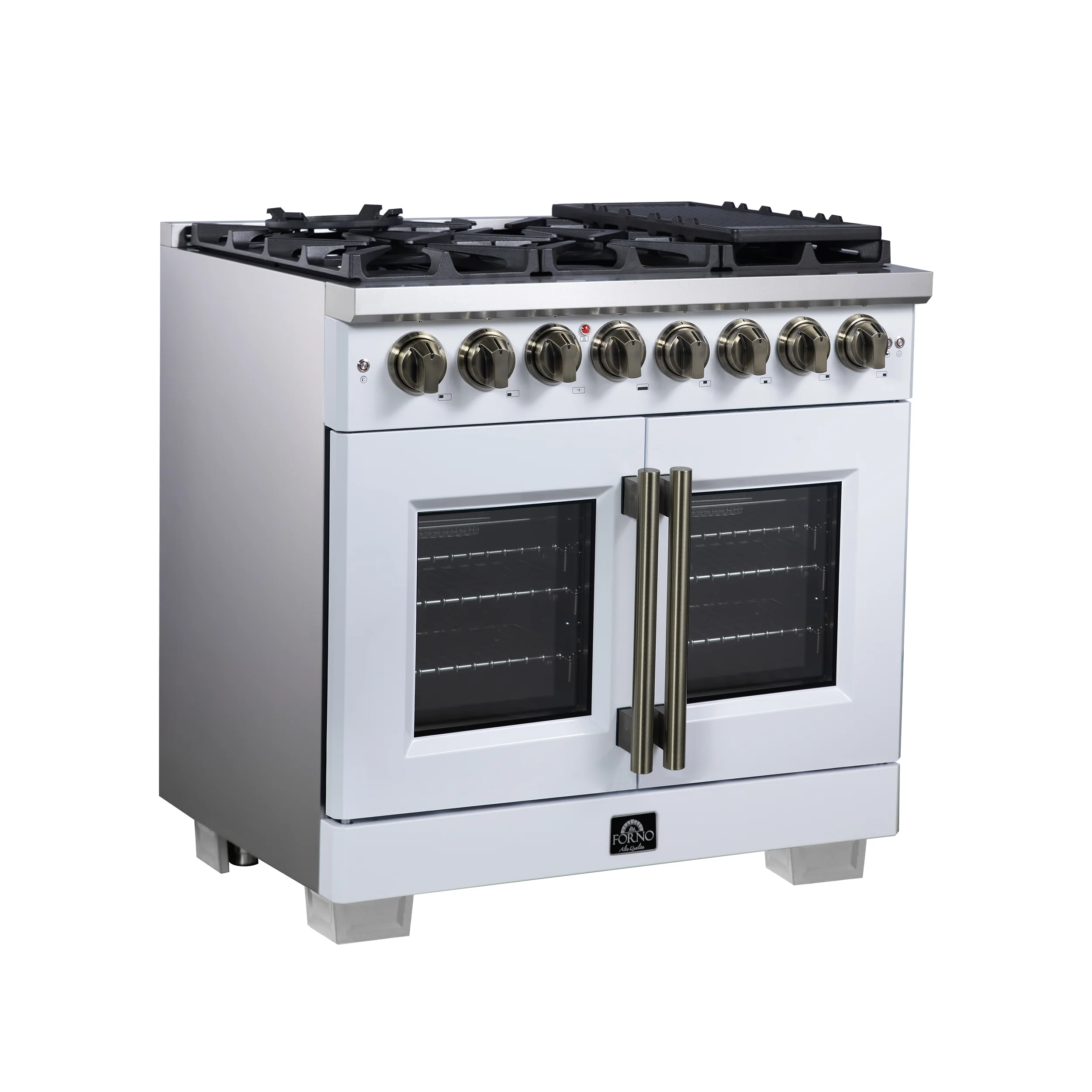 Forno Capriasca 36 Inch Freestanding French Door Dual Fuel Range in White with Antique Brass Accessories, 6 Burners, True Convection Oven - Image 3