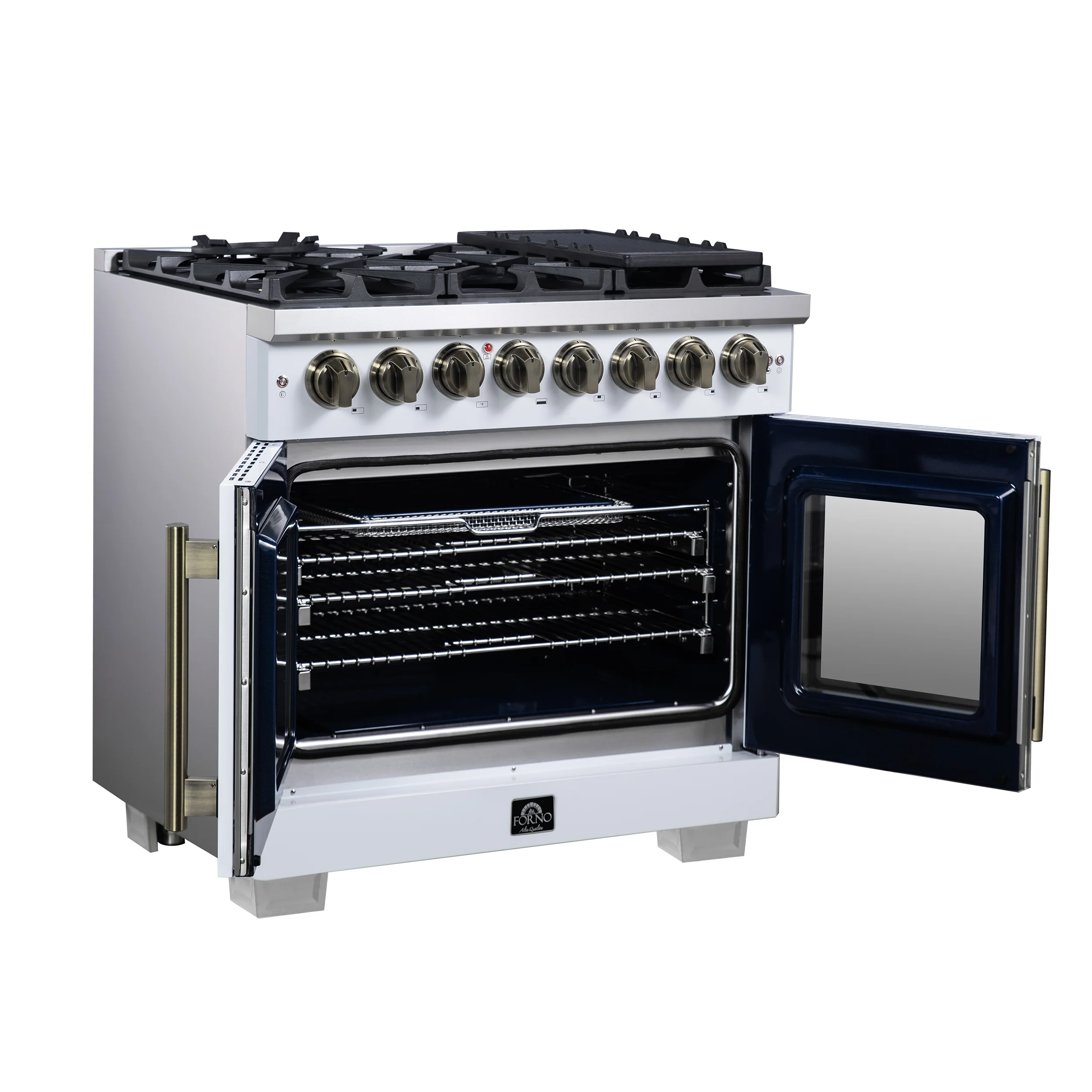 Forno Capriasca 36 Inch Freestanding French Door Dual Fuel Range in White with Antique Brass Accessories, 6 Burners, True Convection Oven - Image 4