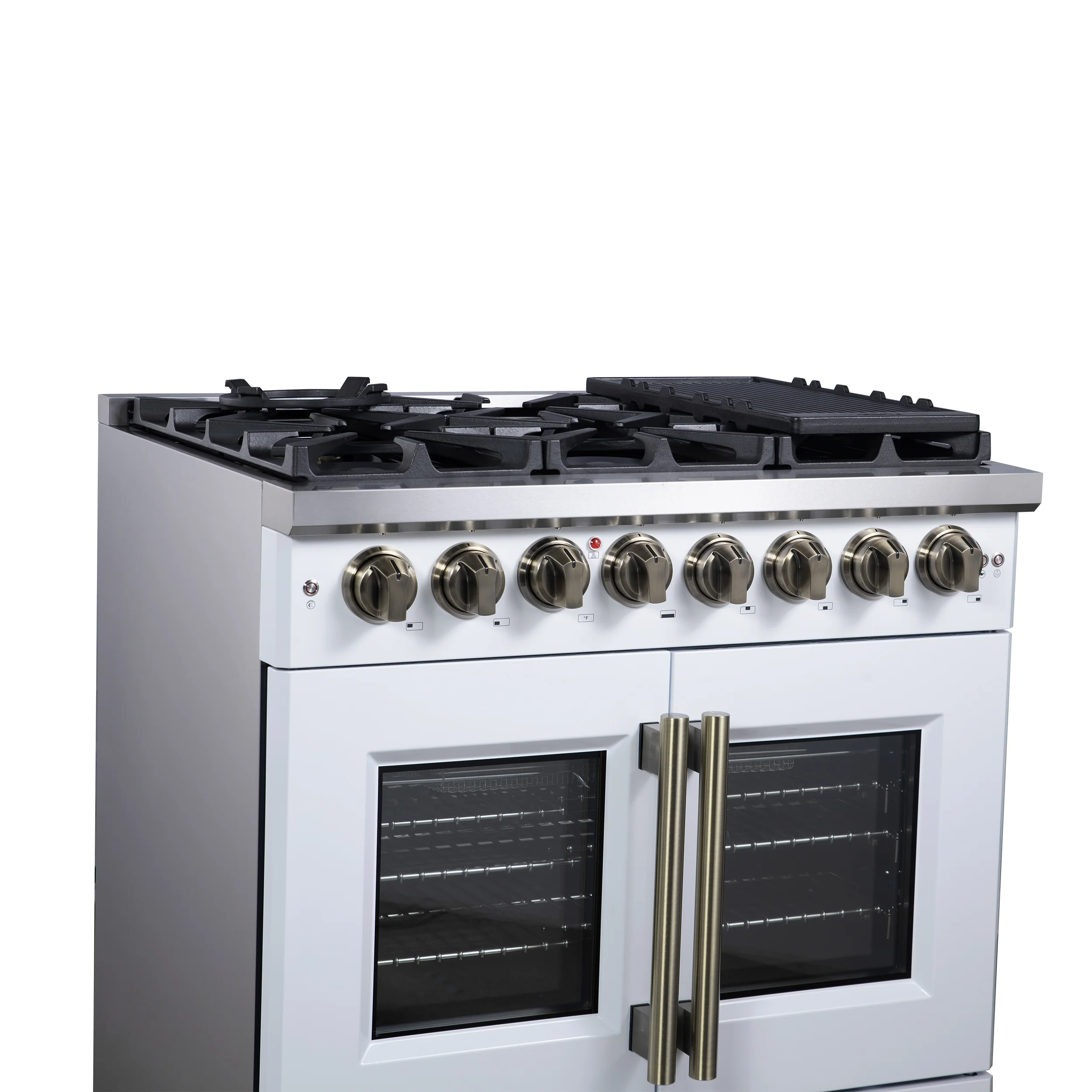 Forno Capriasca 36 Inch Freestanding French Door Dual Fuel Range in White with Antique Brass Accessories, 6 Burners, True Convection Oven - Image 5