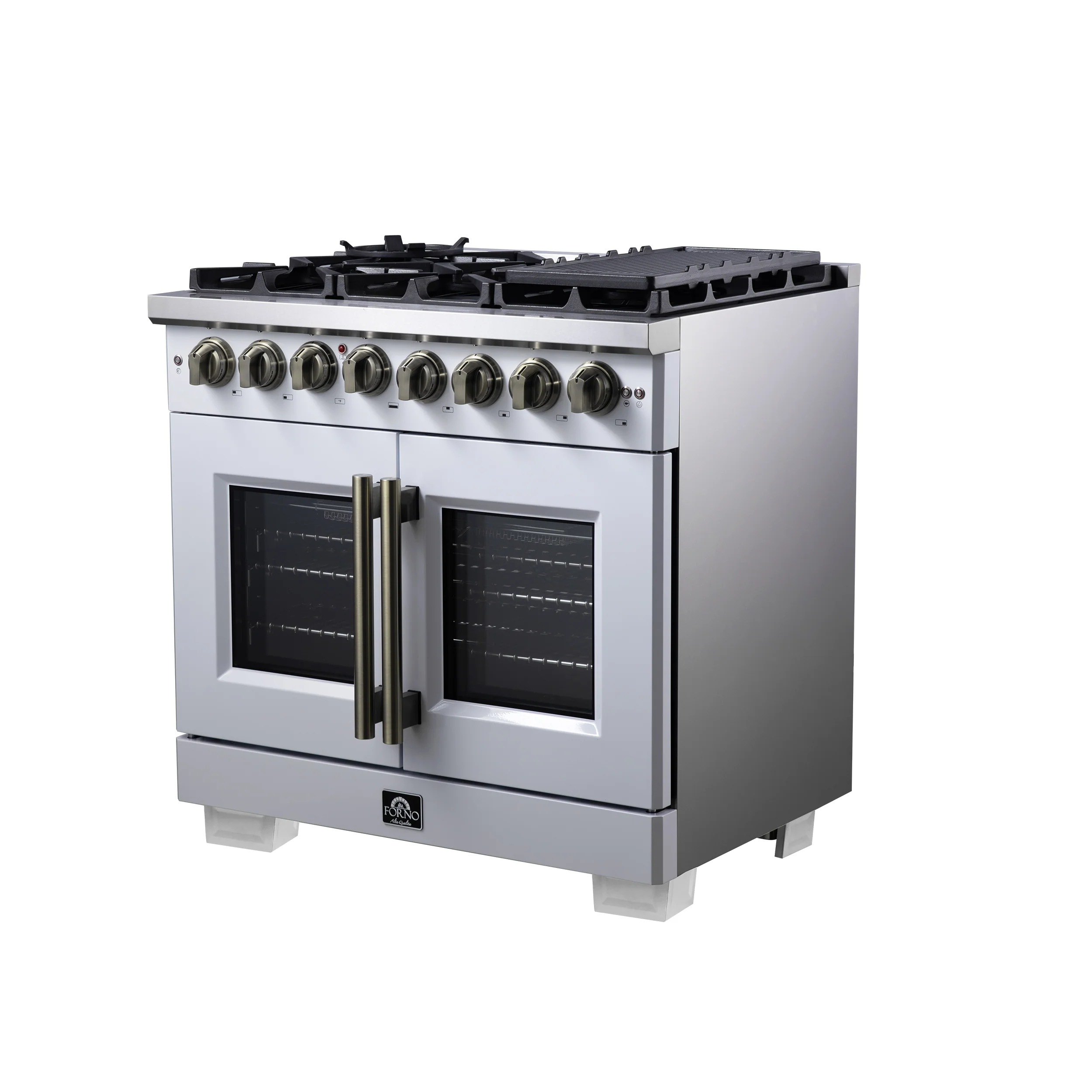 Forno Capriasca 36 Inch Freestanding French Door Dual Fuel Range in White with Antique Brass Accessories, 6 Burners, True Convection Oven - Image 7