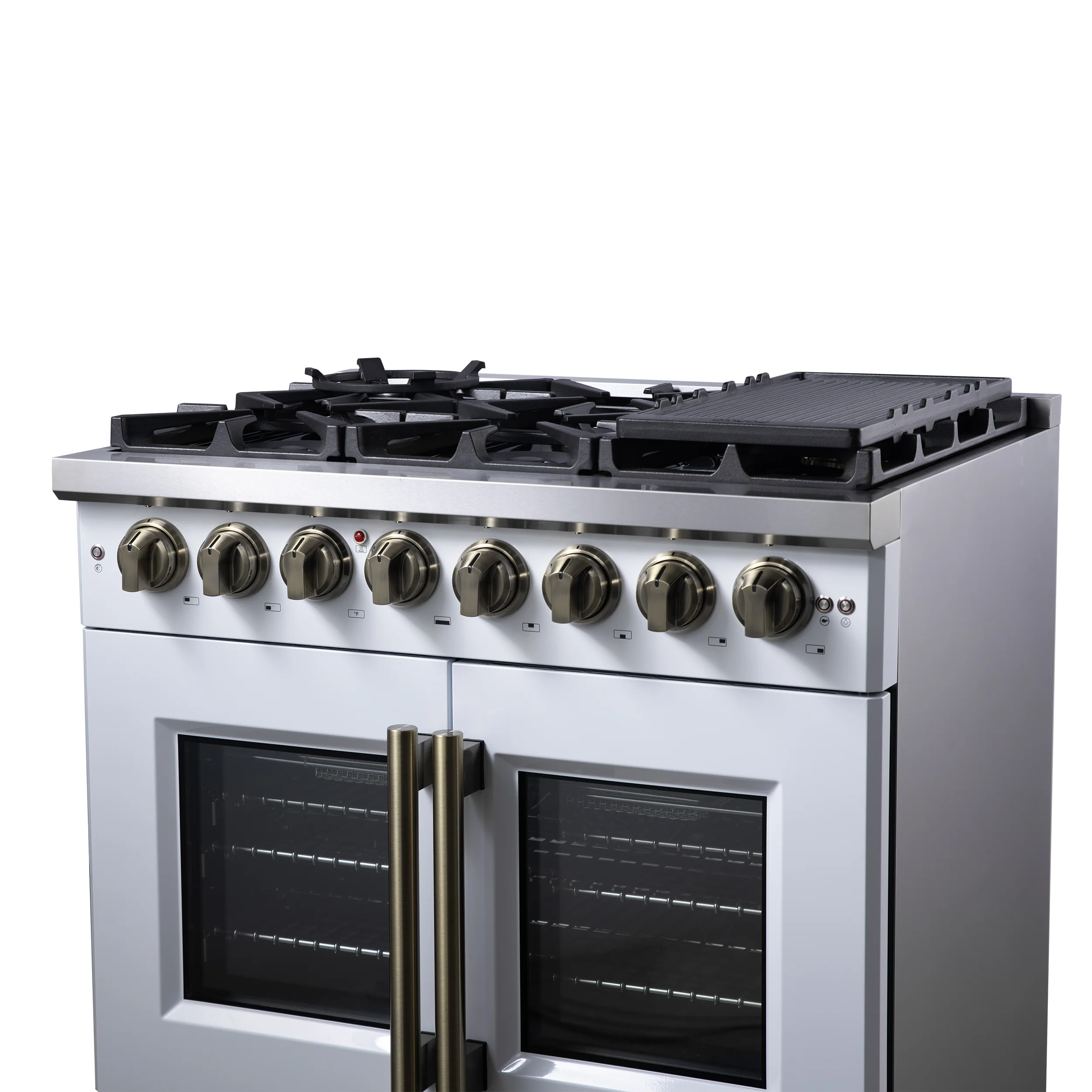 Forno Capriasca 36 Inch Freestanding French Door Dual Fuel Range in White with Antique Brass Accessories, 6 Burners, True Convection Oven - Image 9