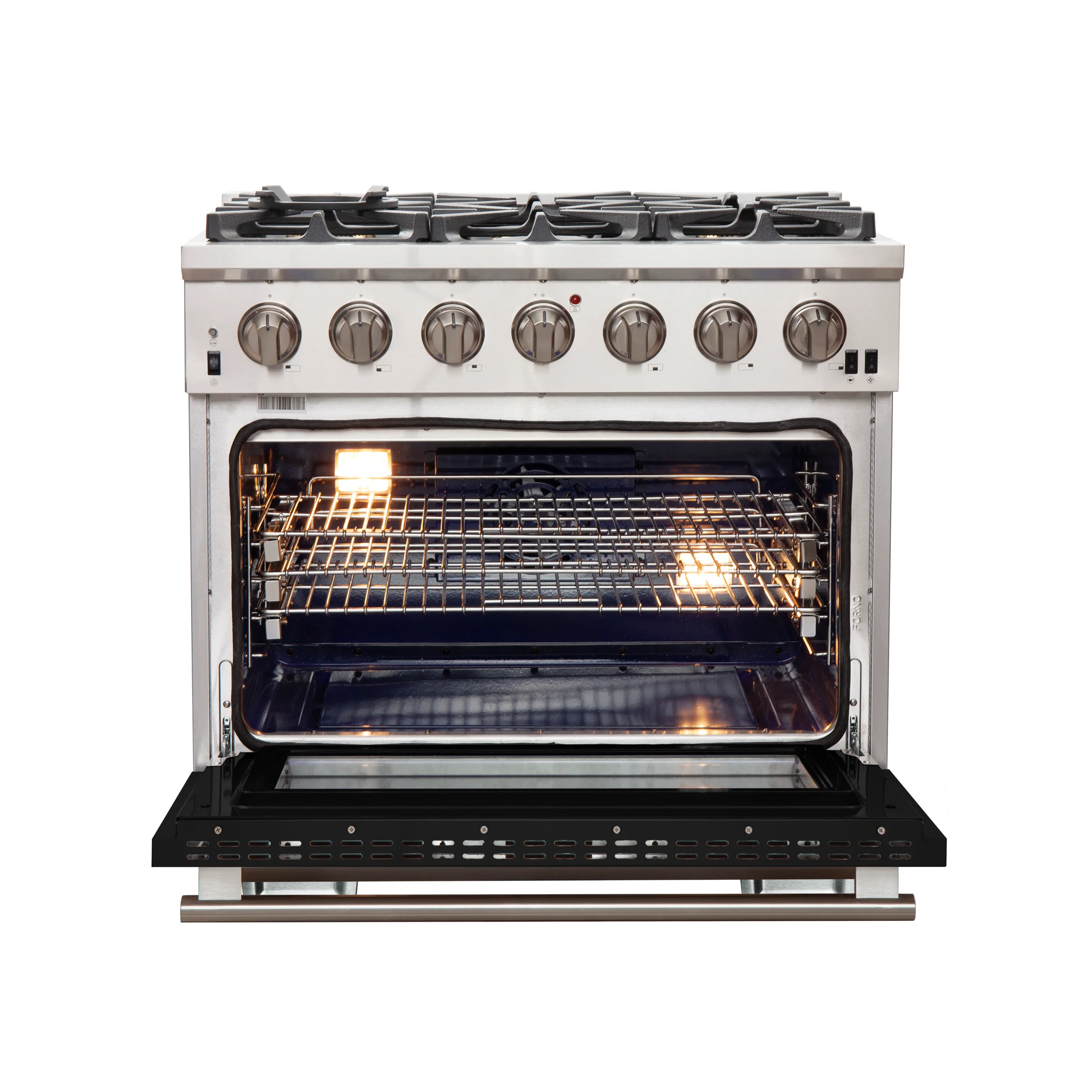 Forno Capriasca 36-Inch Gas Range, Stainless Steel, 6 Brass Burners, 120,000 BTU, Convection Oven, Energy Efficient, Black door - Image 2