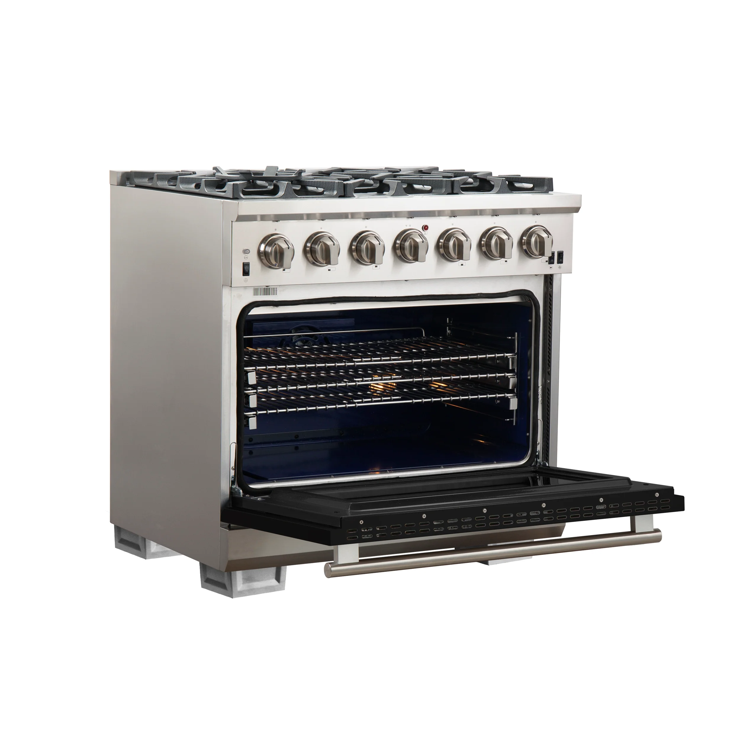 Forno Capriasca 36-Inch Gas Range, Stainless Steel, 6 Brass Burners, 120,000 BTU, Convection Oven, Energy Efficient, Black door - Image 3