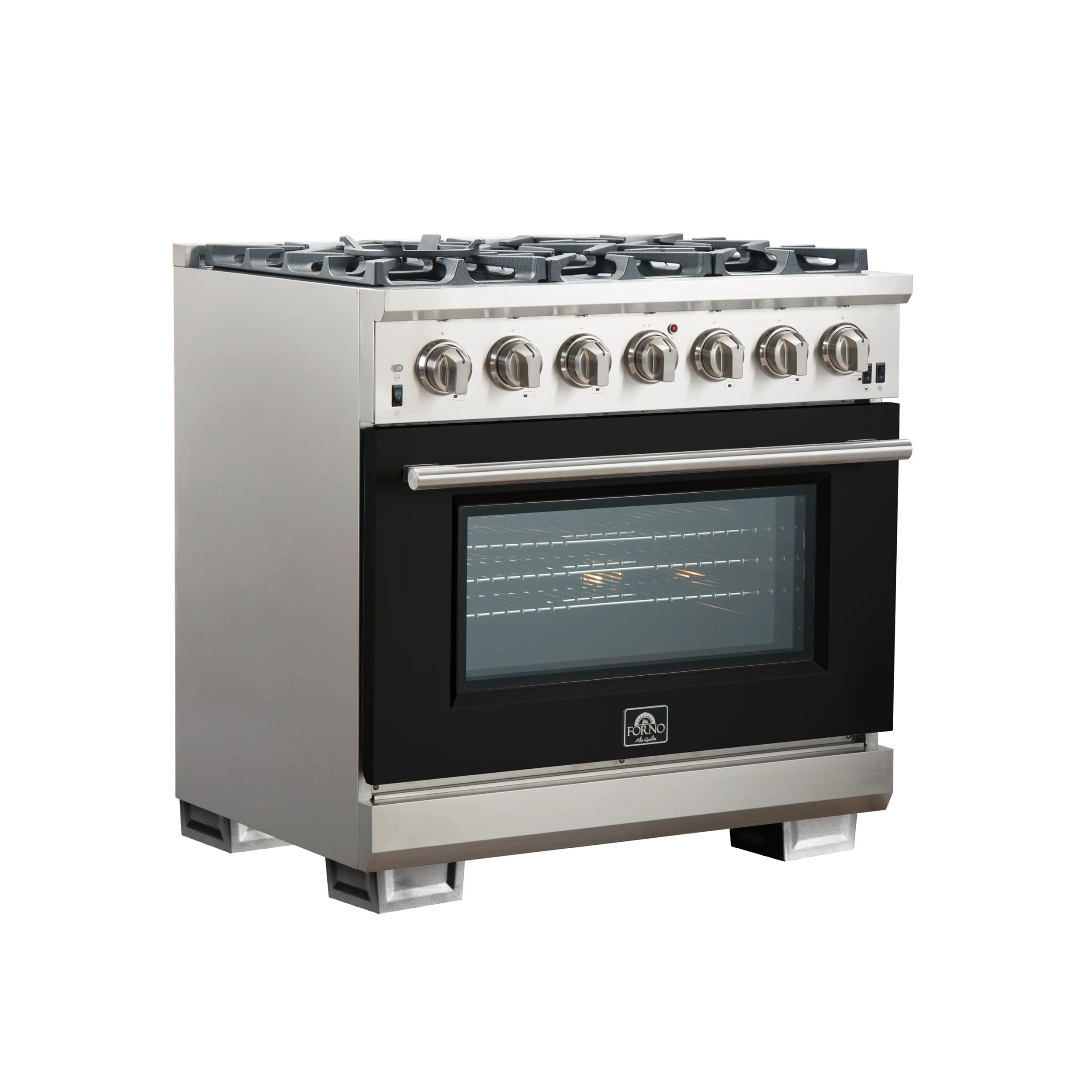 Forno Capriasca 36-Inch Gas Range, Stainless Steel, 6 Brass Burners, 120,000 BTU, Convection Oven, Energy Efficient, Black door - Image 4