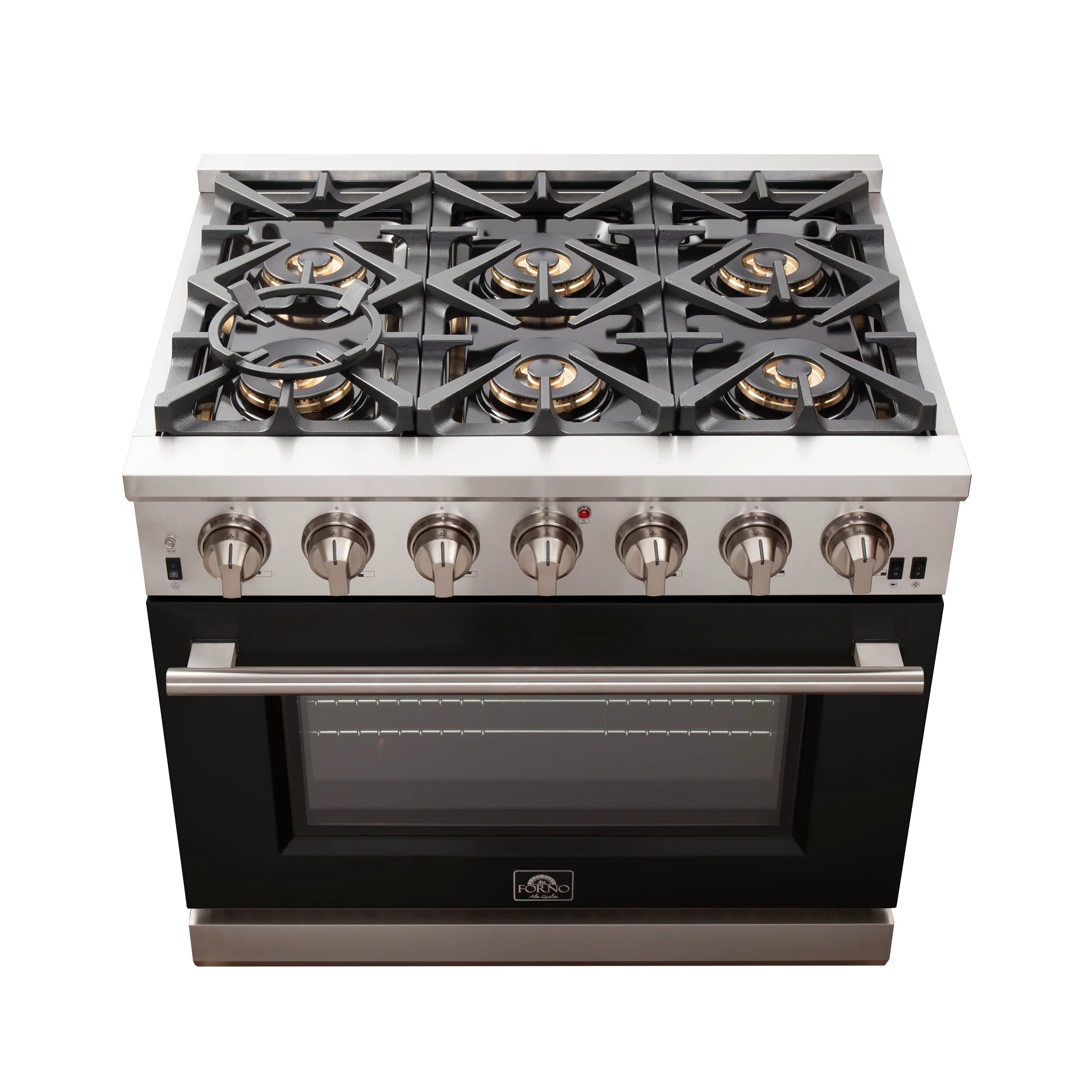 Forno Capriasca 36-Inch Gas Range, Stainless Steel, 6 Brass Burners, 120,000 BTU, Convection Oven, Energy Efficient, Black door - Image 5