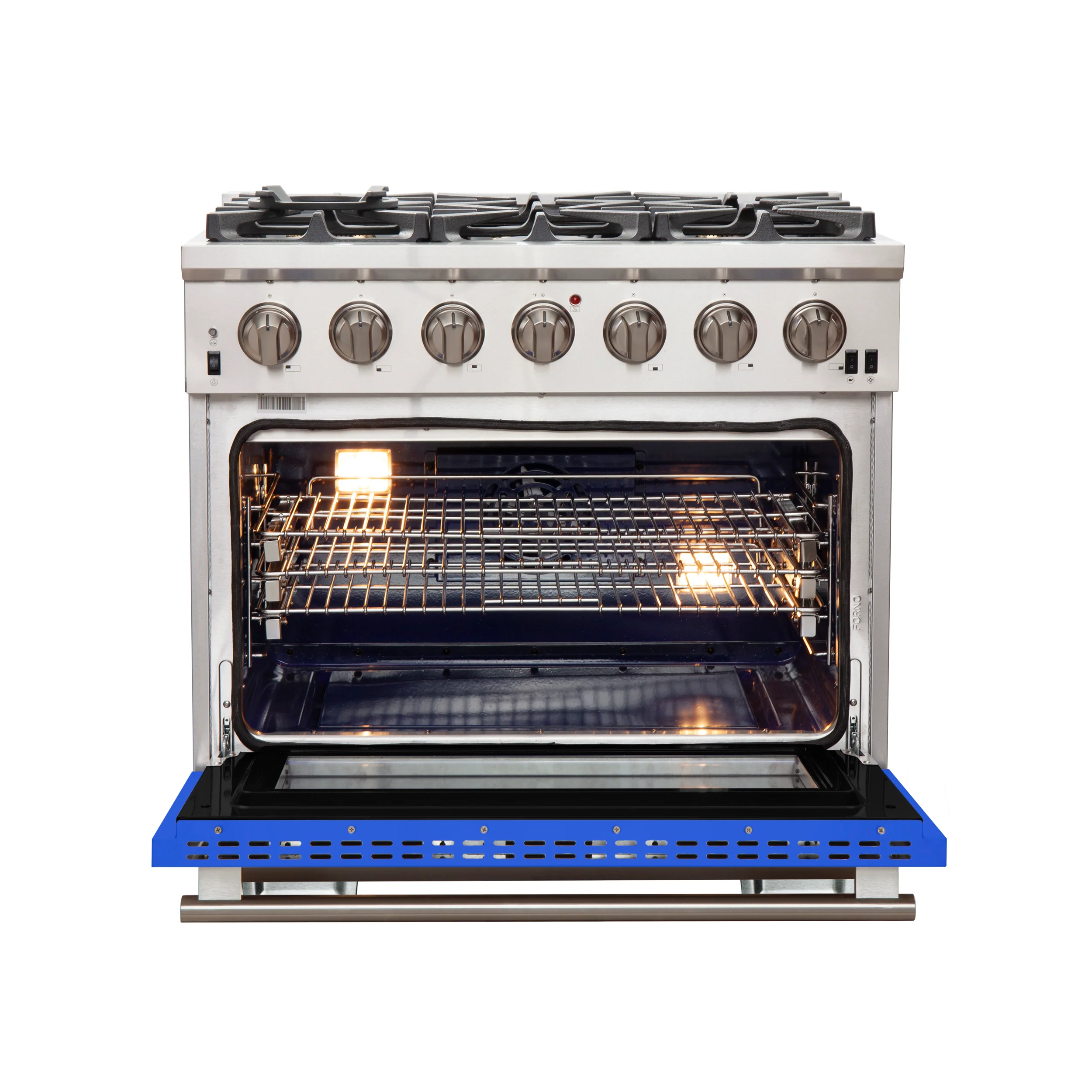 Forno Capriasca 36-Inch Gas Range, Stainless Steel, 6 Brass Burners, 120,000 BTU, Convection Oven, Energy Efficient, Blue Door - Image 2