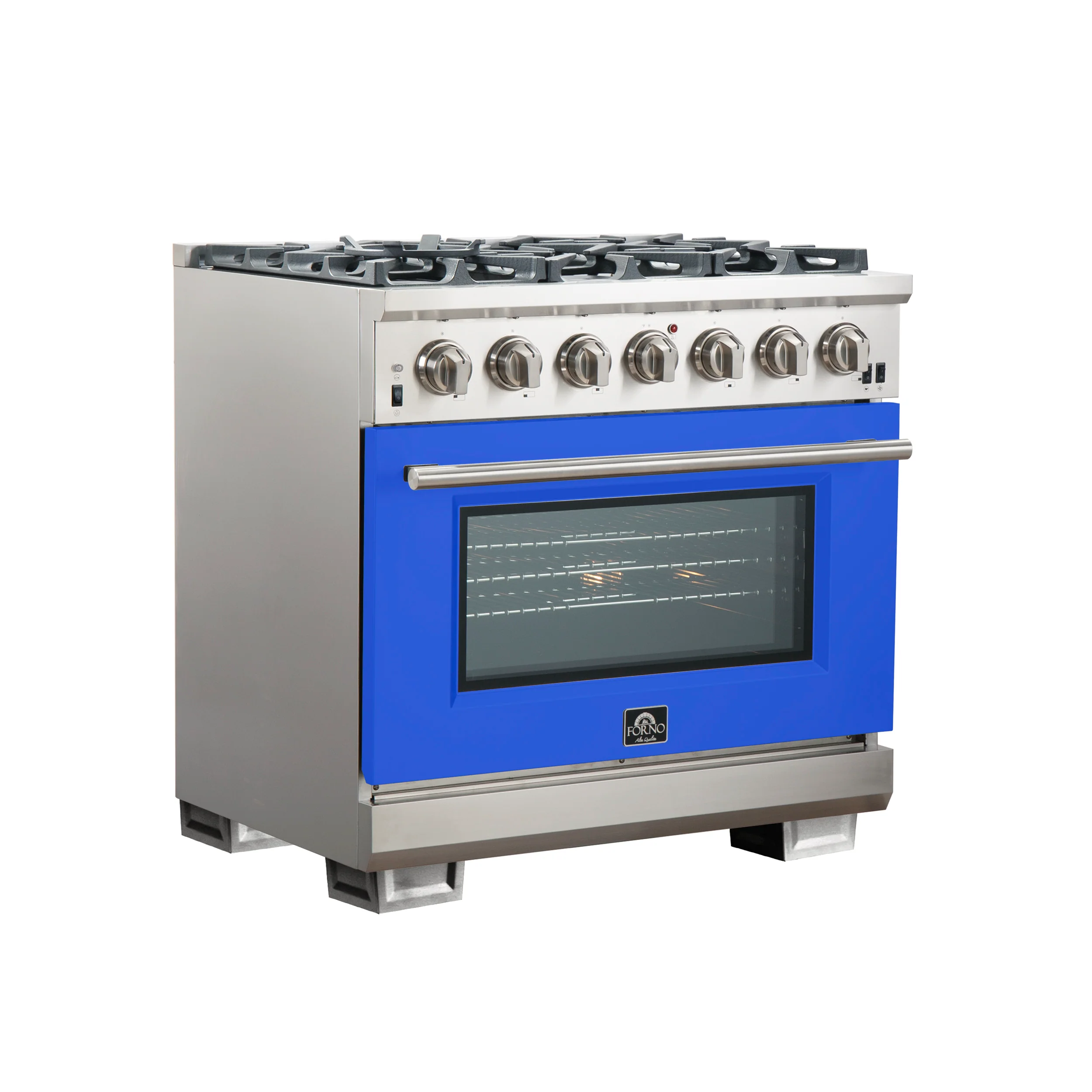 Forno Capriasca 36-Inch Gas Range, Stainless Steel, 6 Brass Burners, 120,000 BTU, Convection Oven, Energy Efficient, Blue Door - Image 3