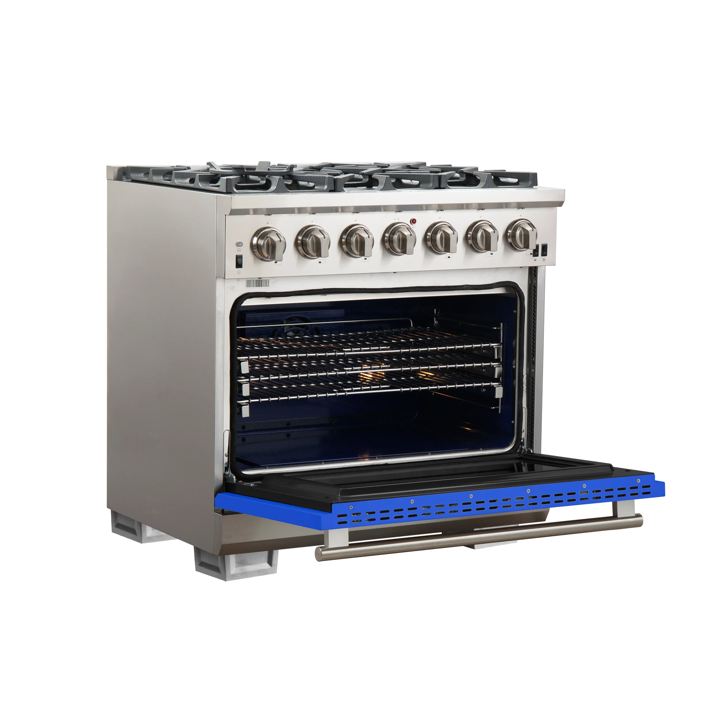 Forno Capriasca 36-Inch Gas Range, Stainless Steel, 6 Brass Burners, 120,000 BTU, Convection Oven, Energy Efficient, Blue Door - Image 4