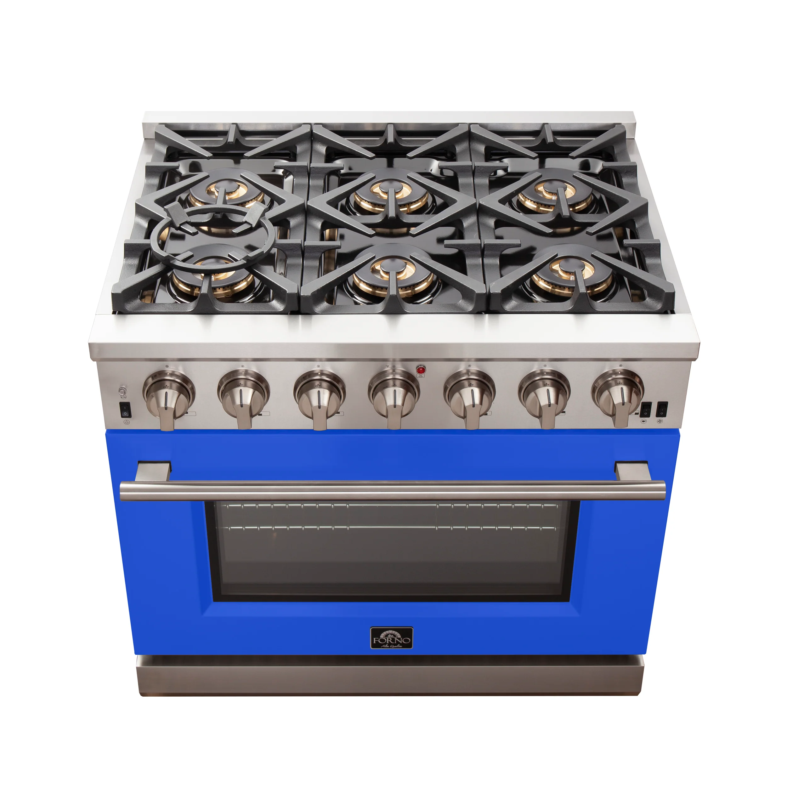 Forno Capriasca 36-Inch Gas Range, Stainless Steel, 6 Brass Burners, 120,000 BTU, Convection Oven, Energy Efficient, Blue Door - Image 5