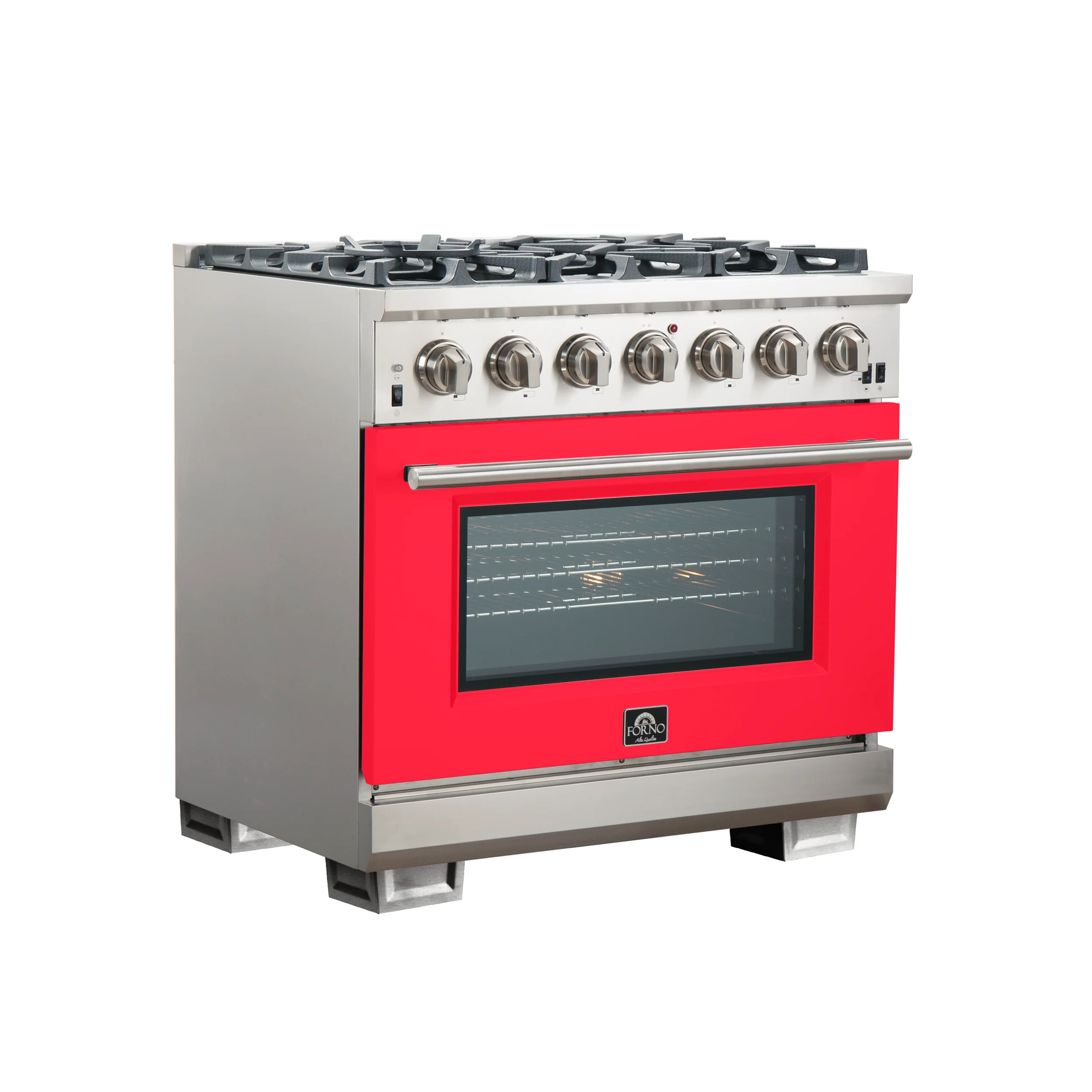 Forno Capriasca 36-Inch Gas Range, Stainless Steel, 6 Brass Burners, 120,000 BTU, Convection Oven, Energy Efficient, Red Door - Image 3