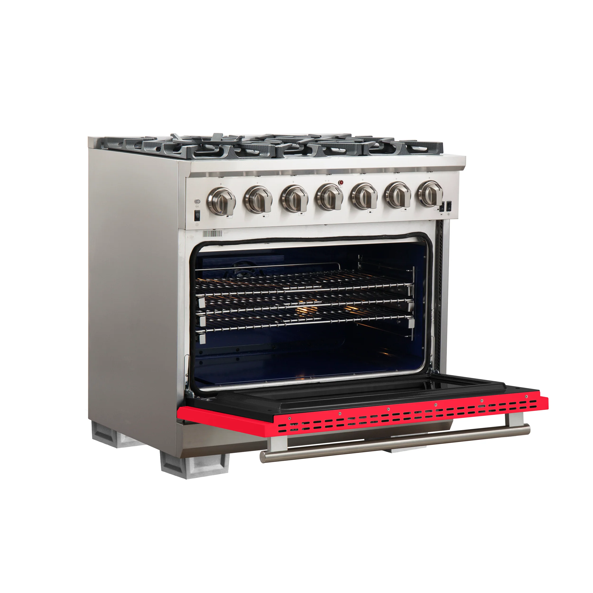 Forno Capriasca 36-Inch Gas Range, Stainless Steel, 6 Brass Burners, 120,000 BTU, Convection Oven, Energy Efficient, Red Door - Image 4