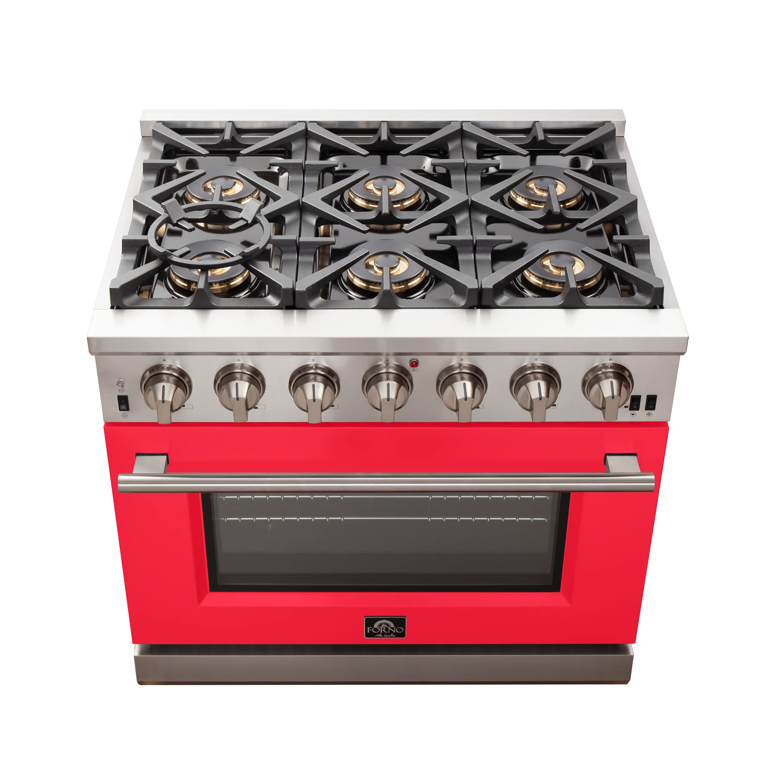 Forno Capriasca 36-Inch Gas Range, Stainless Steel, 6 Brass Burners, 120,000 BTU, Convection Oven, Energy Efficient, Red Door - Image 5