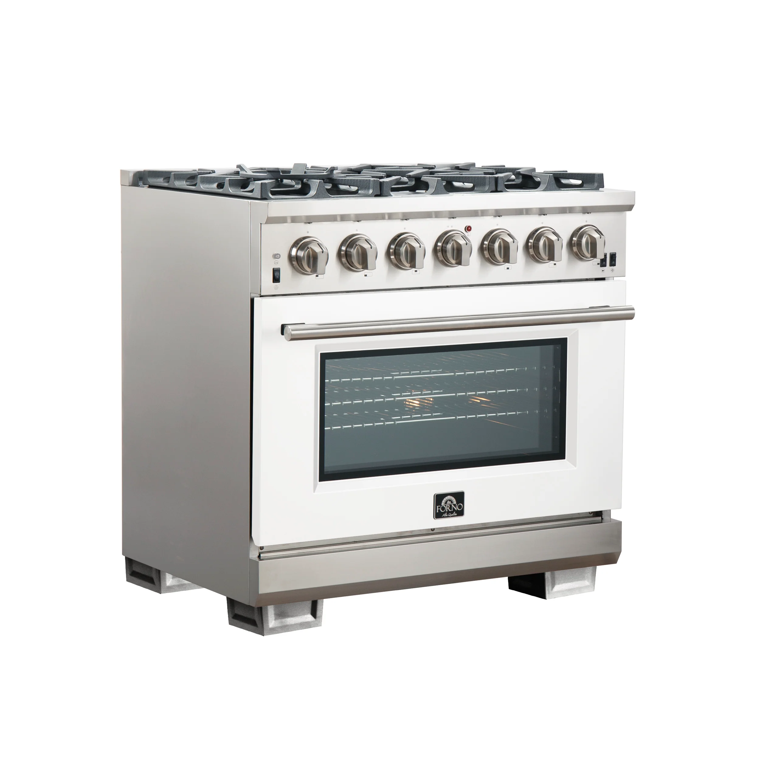 Forno Capriasca 36-Inch Gas Range, Stainless Steel, 6 Brass Burners, 120,000 BTU, Convection Oven, Energy Efficient, White Door - Image 3