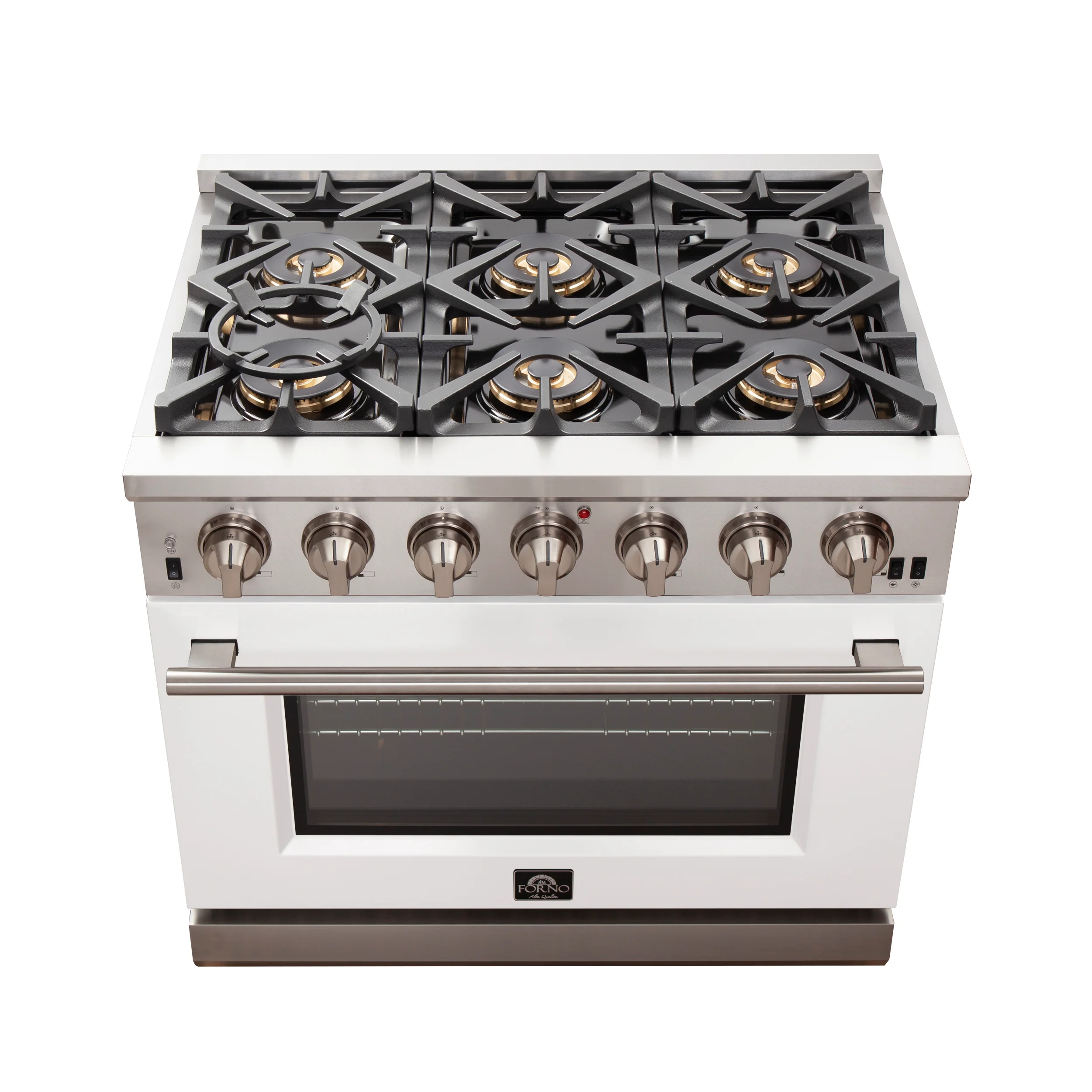 Forno Capriasca 36-Inch Gas Range, Stainless Steel, 6 Brass Burners, 120,000 BTU, Convection Oven, Energy Efficient, White Door - Image 5