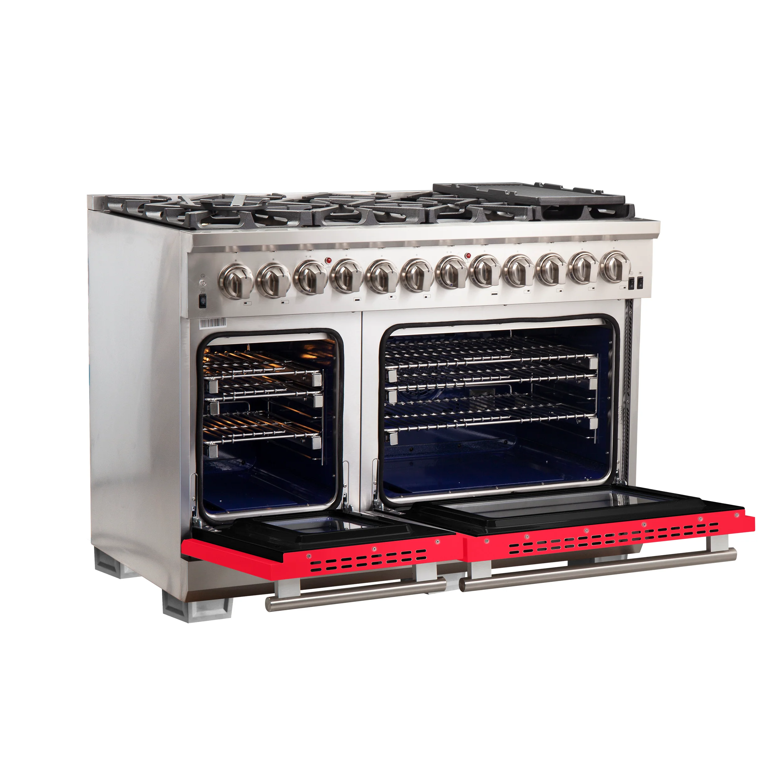 Forno Capriasca 48-Inch Freestanding Dual Fuel Range, 8 Burners, True Convection Oven, Red Doors - Image 4