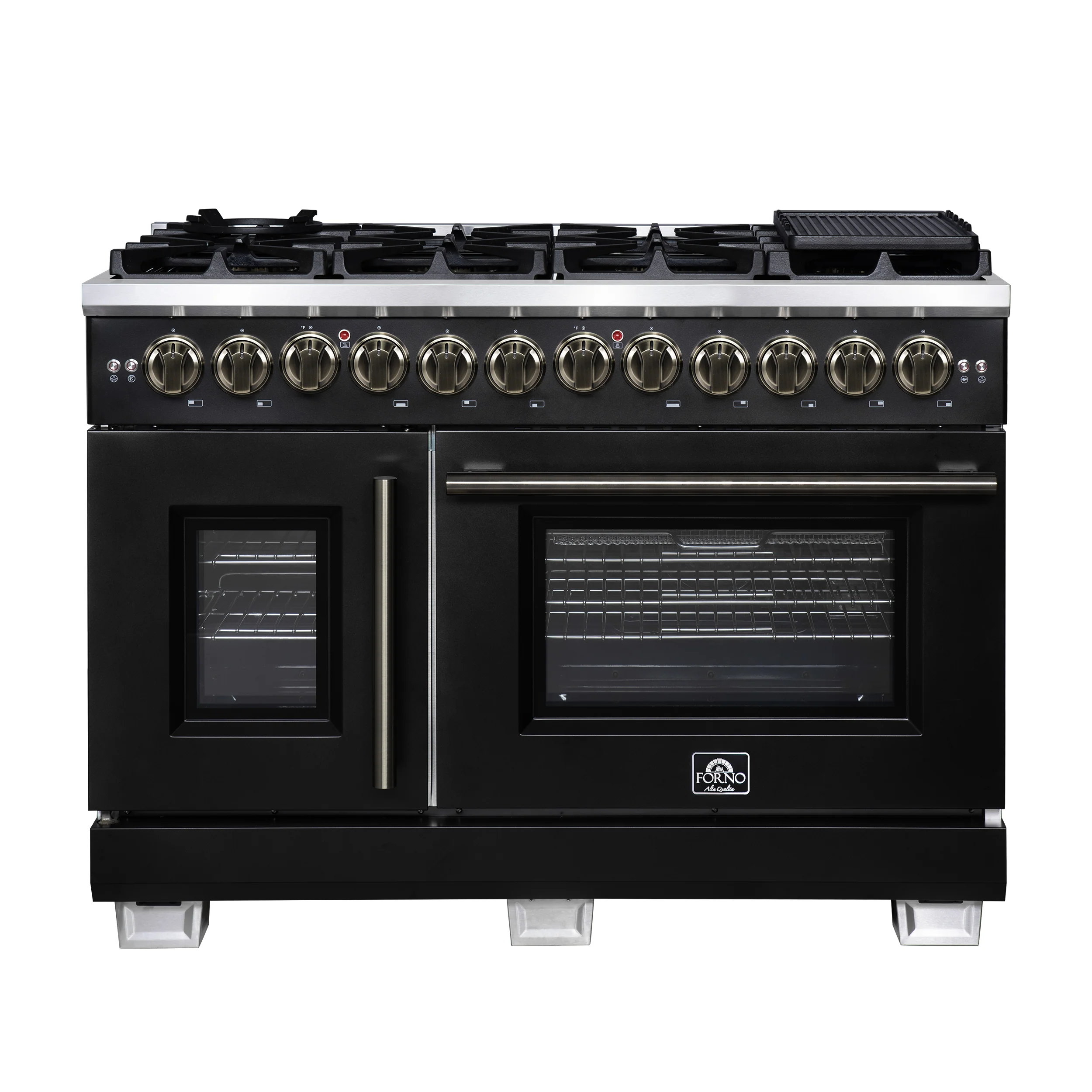 Forno Capriasca 48 Inch Freestanding French Door Dual Fuel Range in Black with Antique Brass Accessories, 8 Burners, True Convection Oven