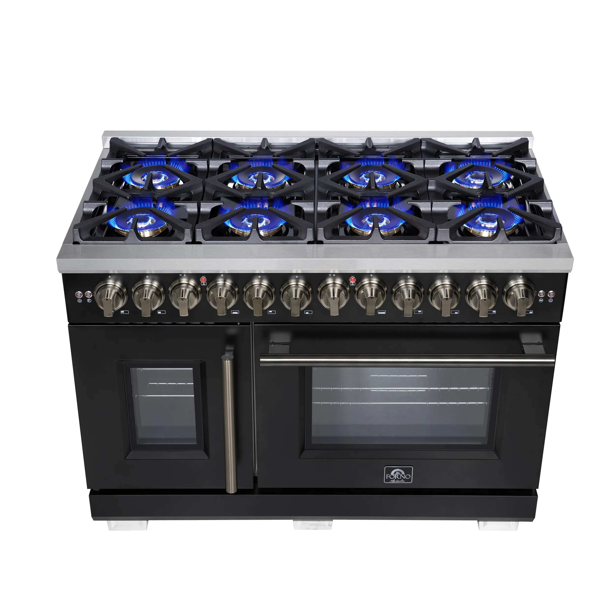 Forno Capriasca 48 Inch Freestanding French Door Dual Fuel Range in Black with Antique Brass Accessories, 8 Burners, True Convection Oven - Image 10