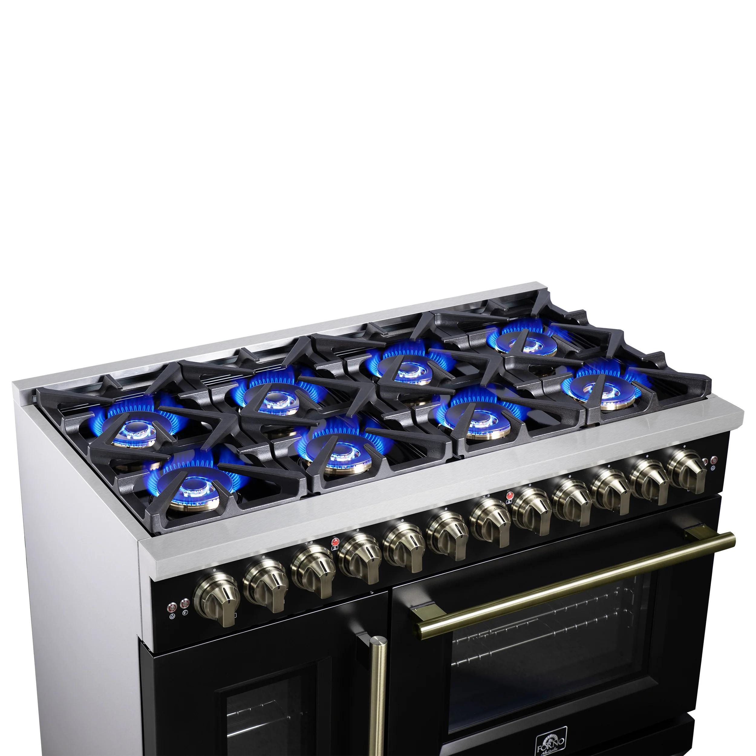 Forno Capriasca 48 Inch Freestanding French Door Dual Fuel Range in Black with Antique Brass Accessories, 8 Burners, True Convection Oven - Image 11