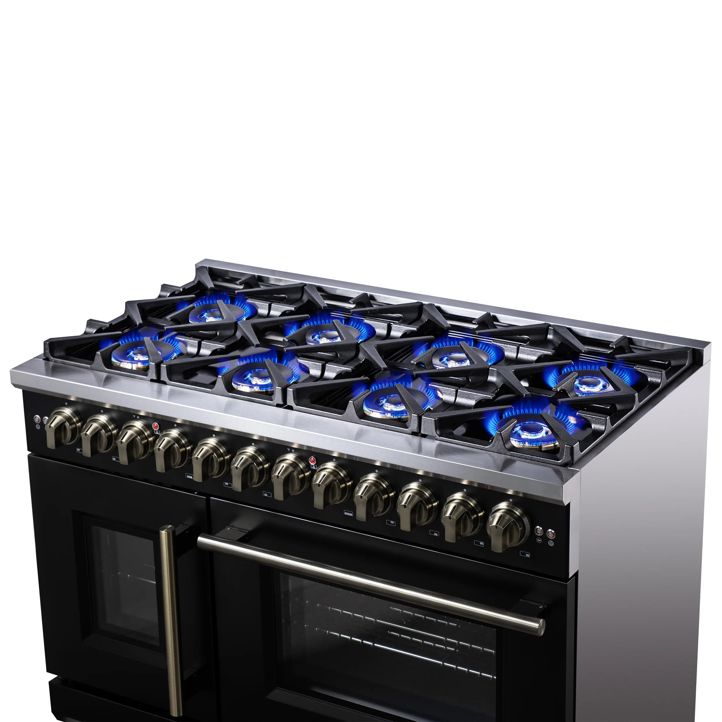 Forno Capriasca 48 Inch Freestanding French Door Dual Fuel Range in Black with Antique Brass Accessories, 8 Burners, True Convection Oven - Image 12