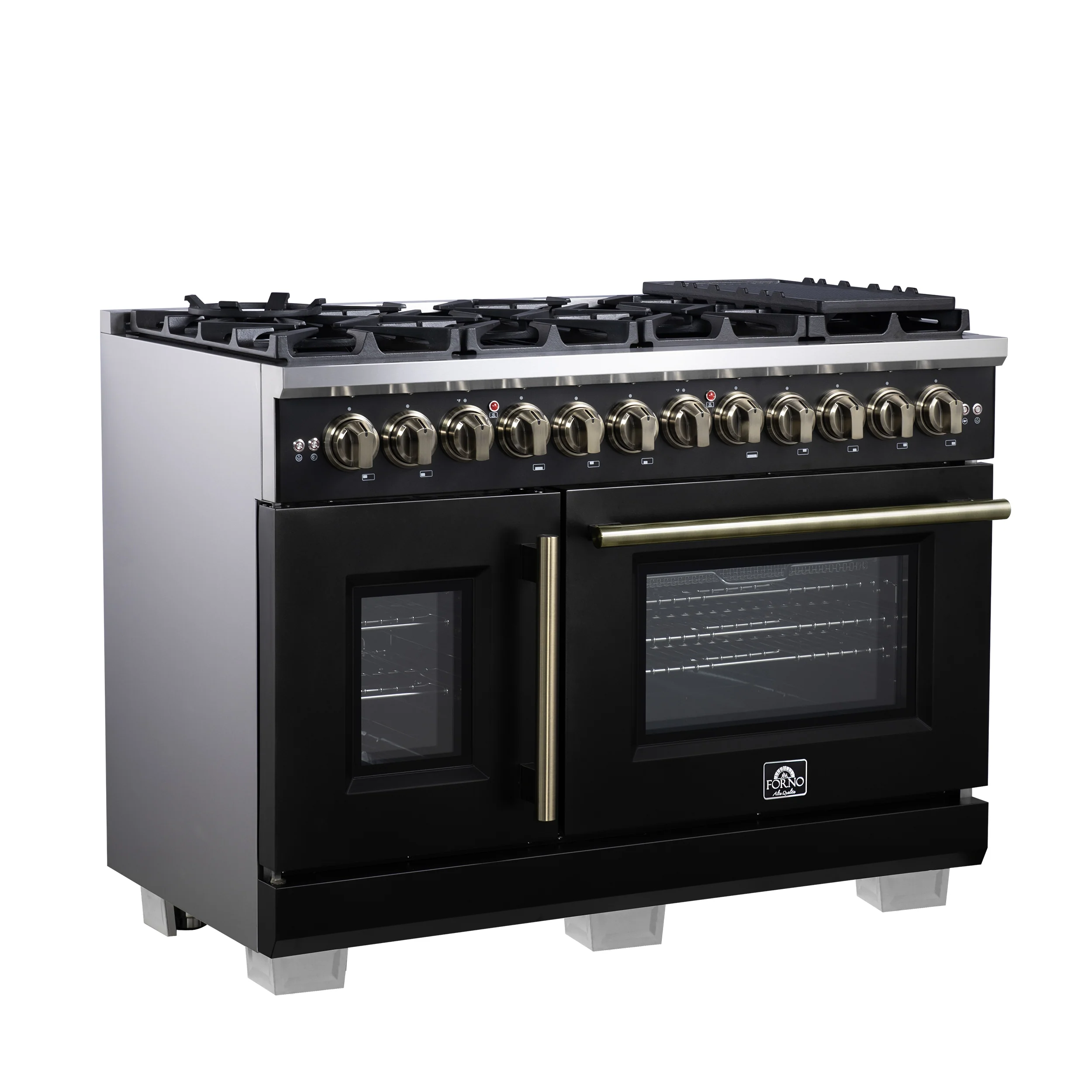 Forno Capriasca 48 Inch Freestanding French Door Dual Fuel Range in Black with Antique Brass Accessories, 8 Burners, True Convection Oven - Image 2