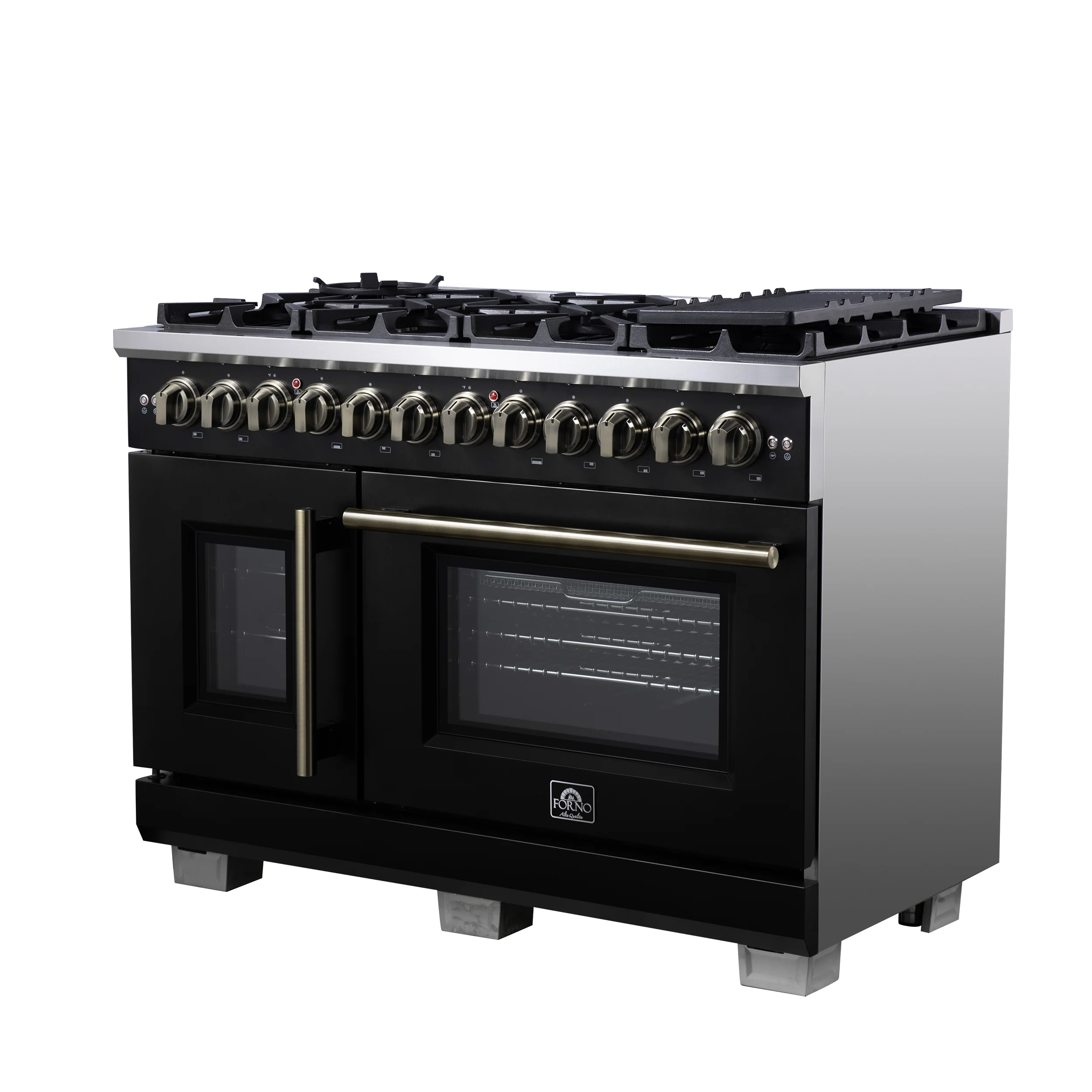 Forno Capriasca 48 Inch Freestanding French Door Dual Fuel Range in Black with Antique Brass Accessories, 8 Burners, True Convection Oven - Image 6