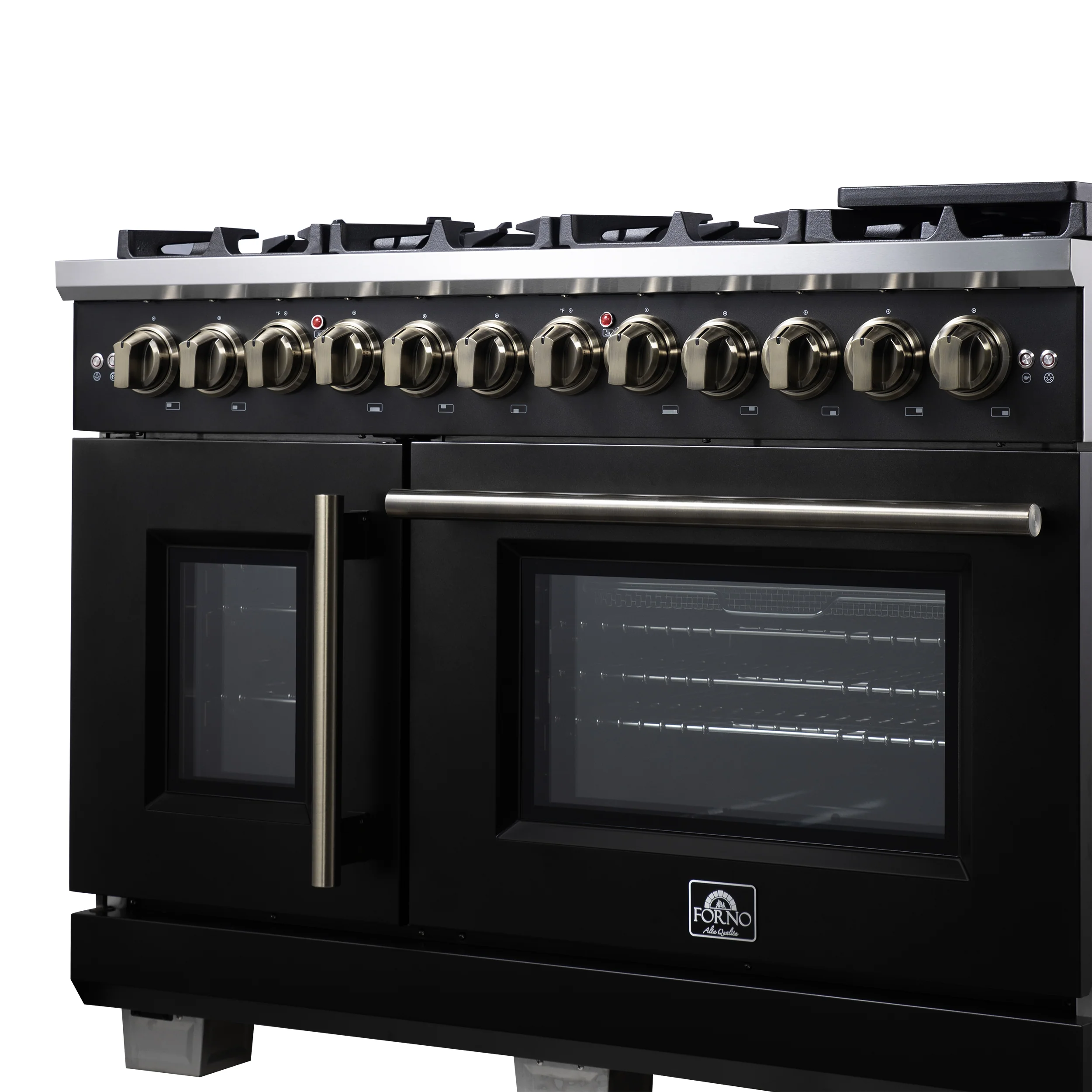 Forno Capriasca 48 Inch Freestanding French Door Dual Fuel Range in Black with Antique Brass Accessories, 8 Burners, True Convection Oven - Image 8