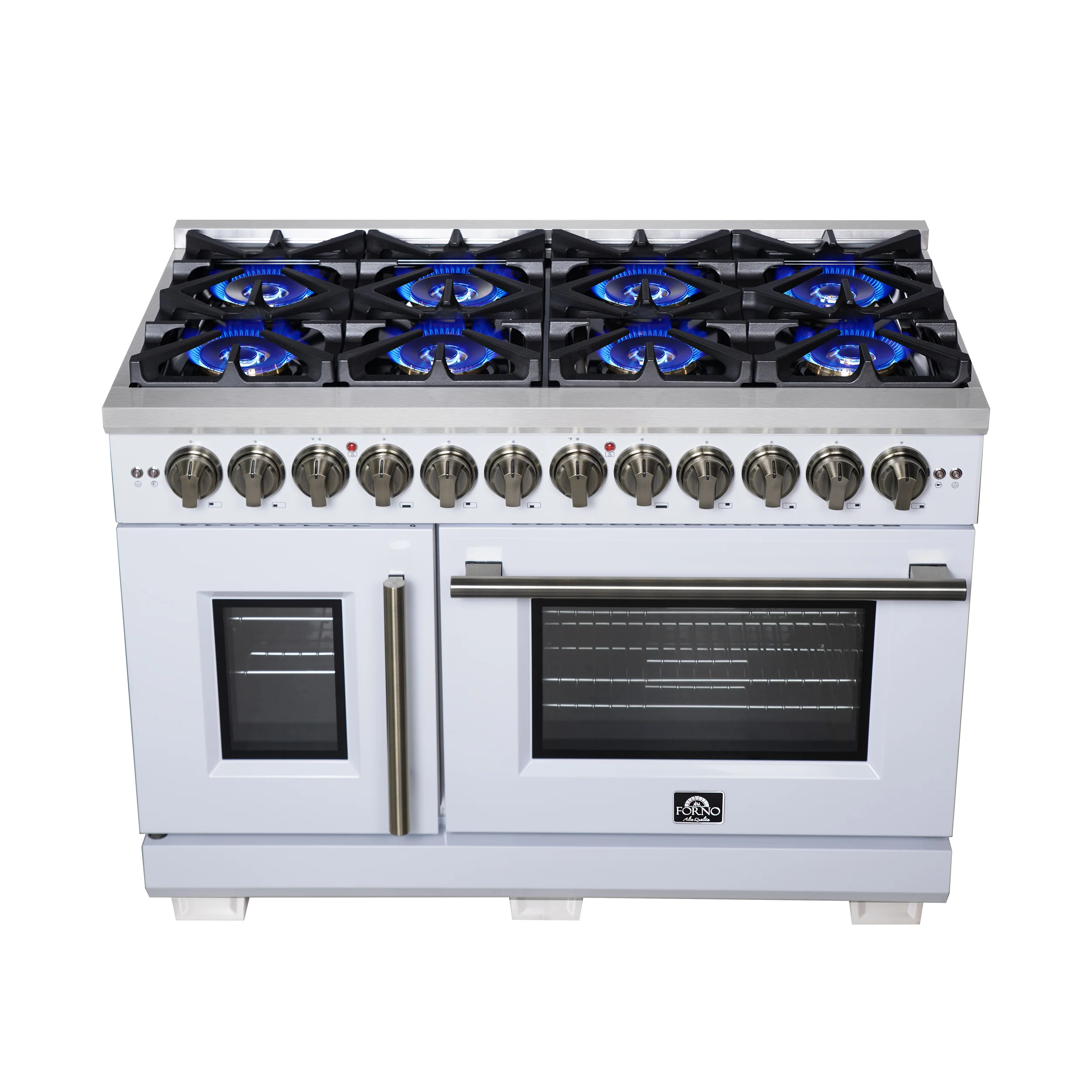 Forno Capriasca 48 Inch Freestanding French Door Dual Fuel Range in White with Antique Brass Accessories, 8 Burners, True Convection Oven - Image 10