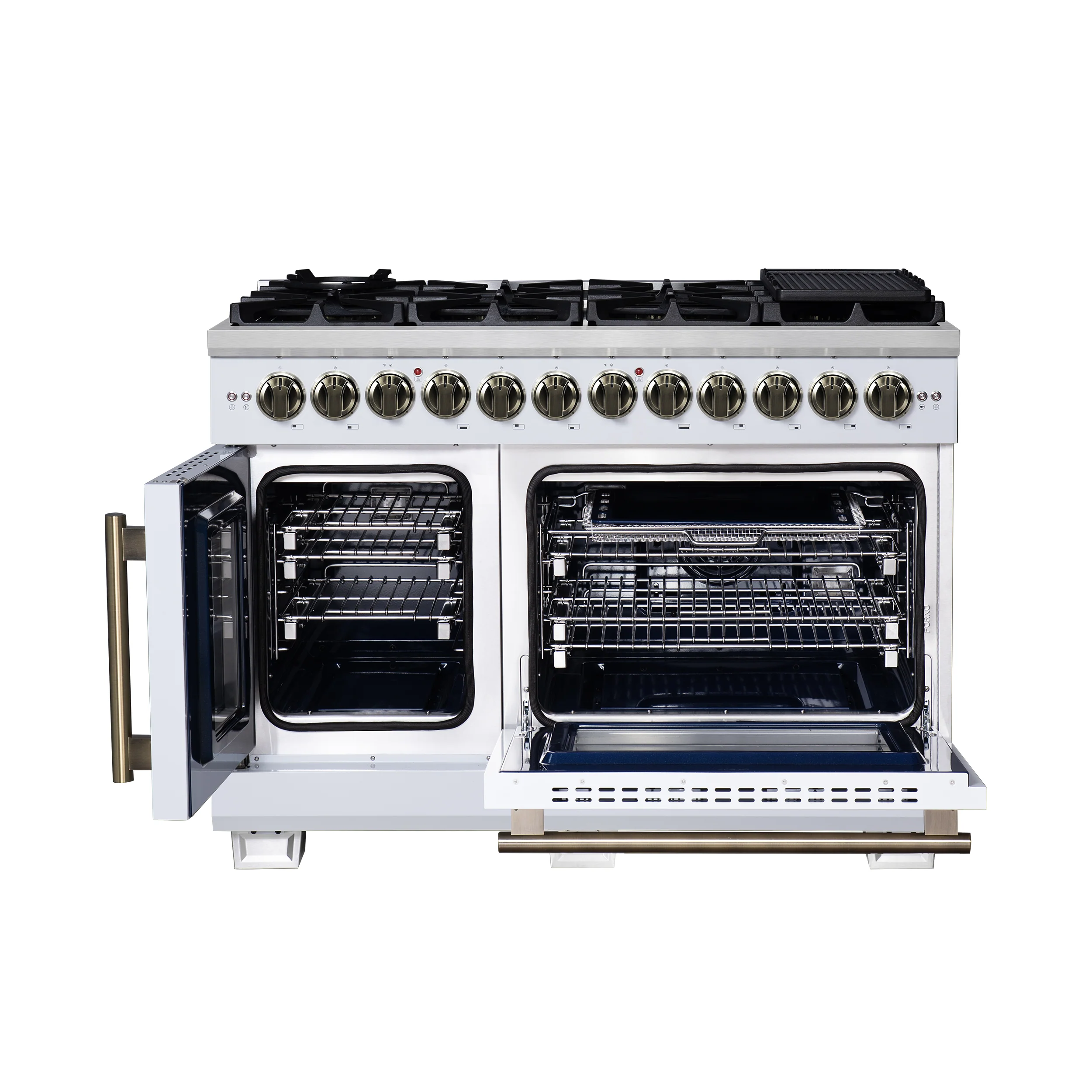 Forno Capriasca 48 Inch Freestanding French Door Dual Fuel Range in White with Antique Brass Accessories, 8 Burners, True Convection Oven - Image 2
