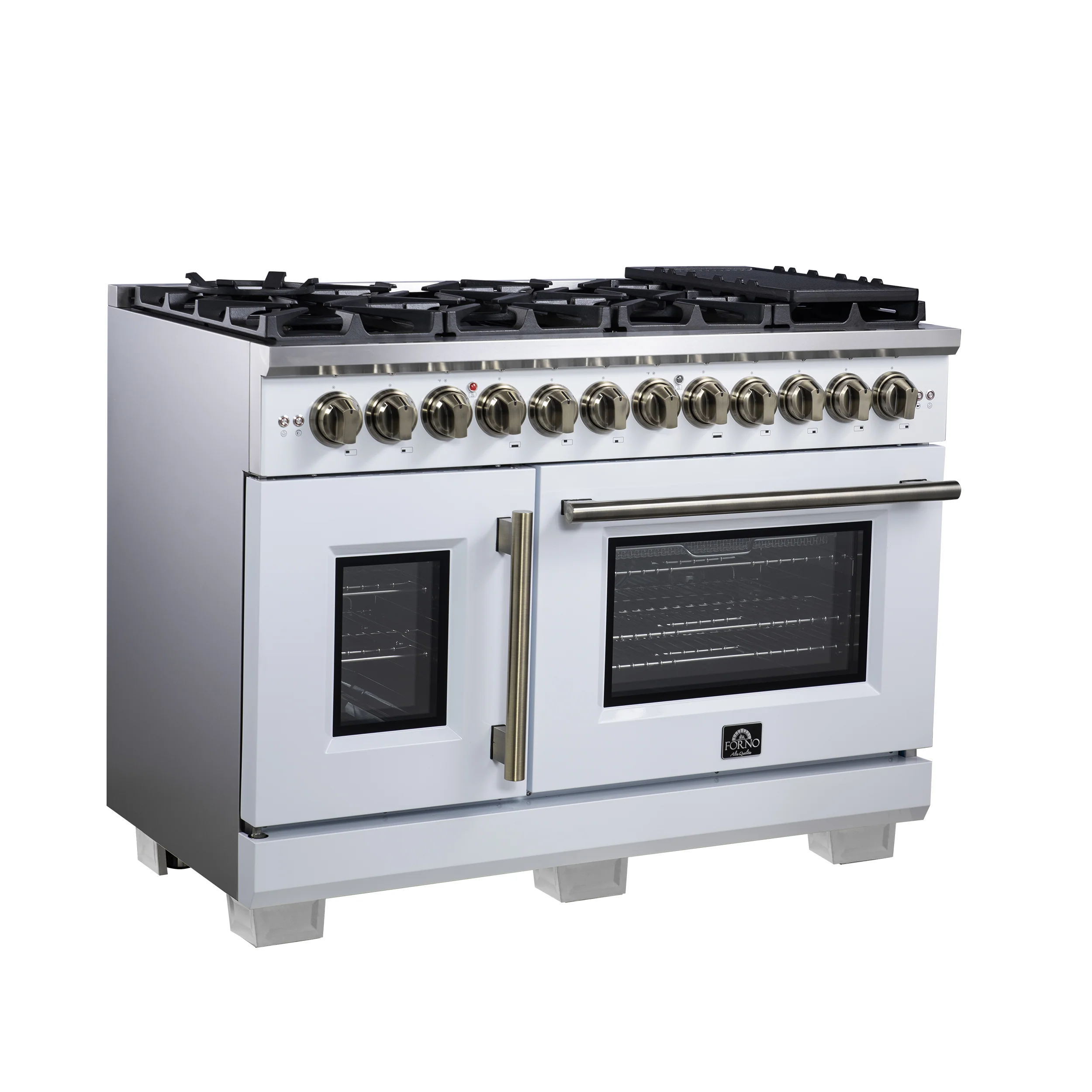 Forno Capriasca 48 Inch Freestanding French Door Dual Fuel Range in White with Antique Brass Accessories, 8 Burners, True Convection Oven - Image 3