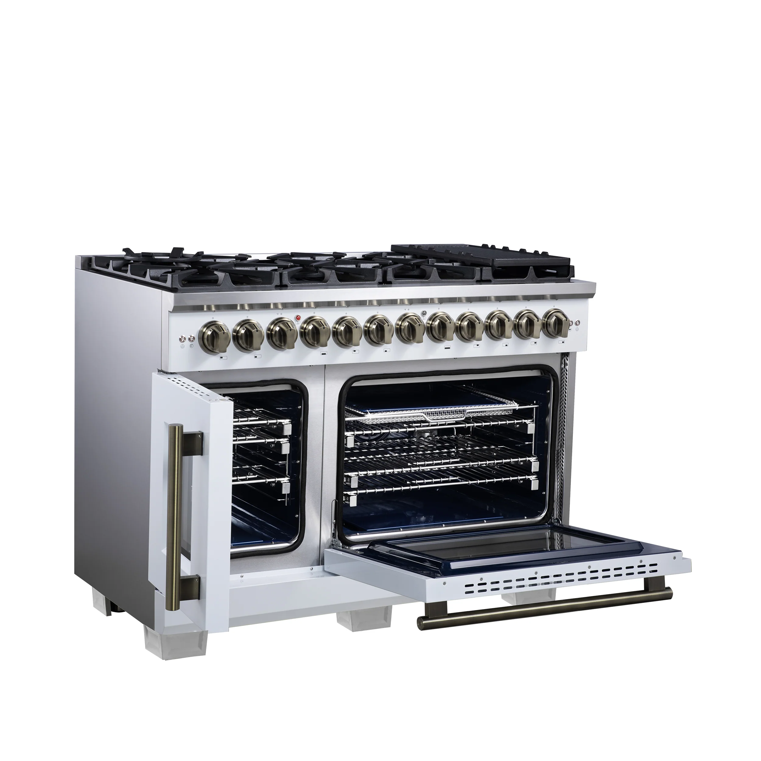 Forno Capriasca 48 Inch Freestanding French Door Dual Fuel Range in White with Antique Brass Accessories, 8 Burners, True Convection Oven - Image 4