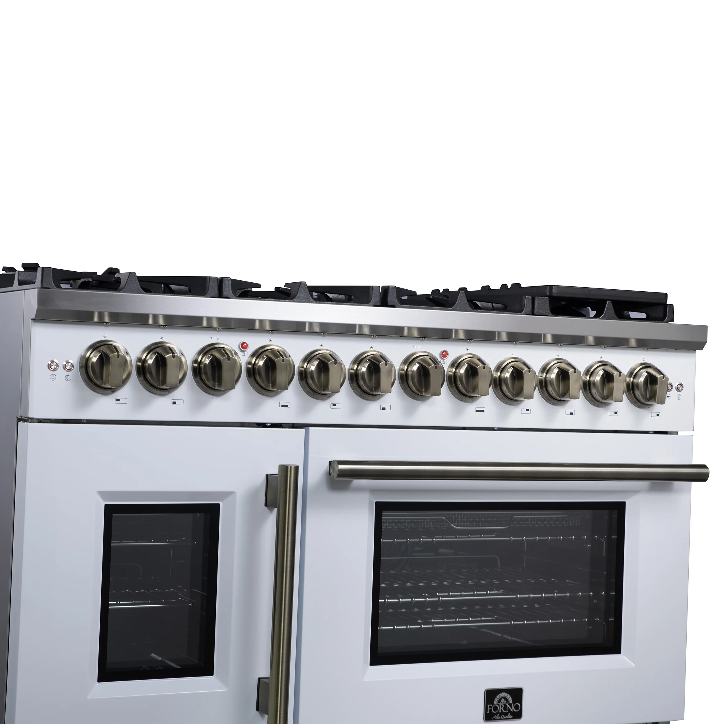 Forno Capriasca 48 Inch Freestanding French Door Dual Fuel Range in White with Antique Brass Accessories, 8 Burners, True Convection Oven - Image 5
