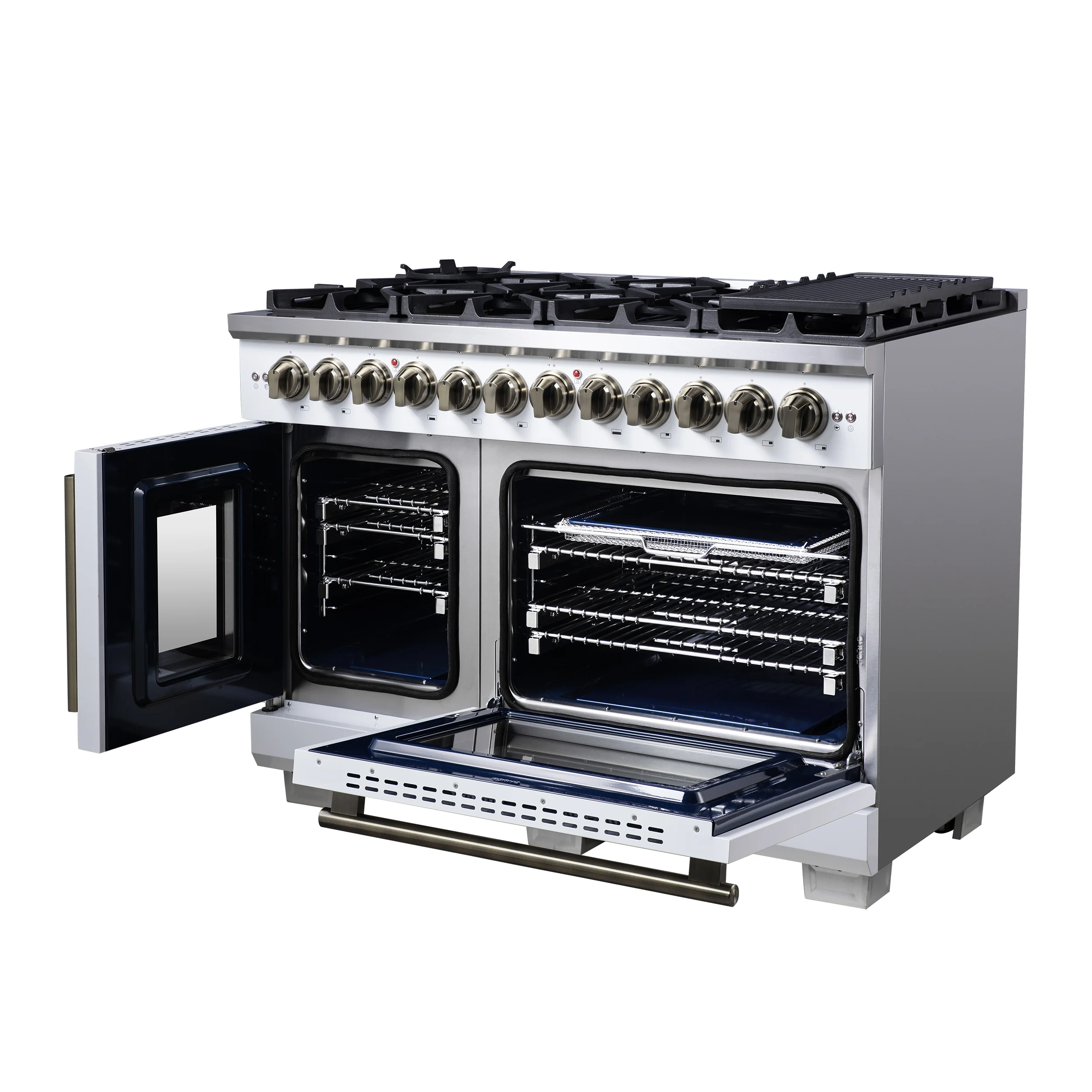 Forno Capriasca 48 Inch Freestanding French Door Dual Fuel Range in White with Antique Brass Accessories, 8 Burners, True Convection Oven - Image 6