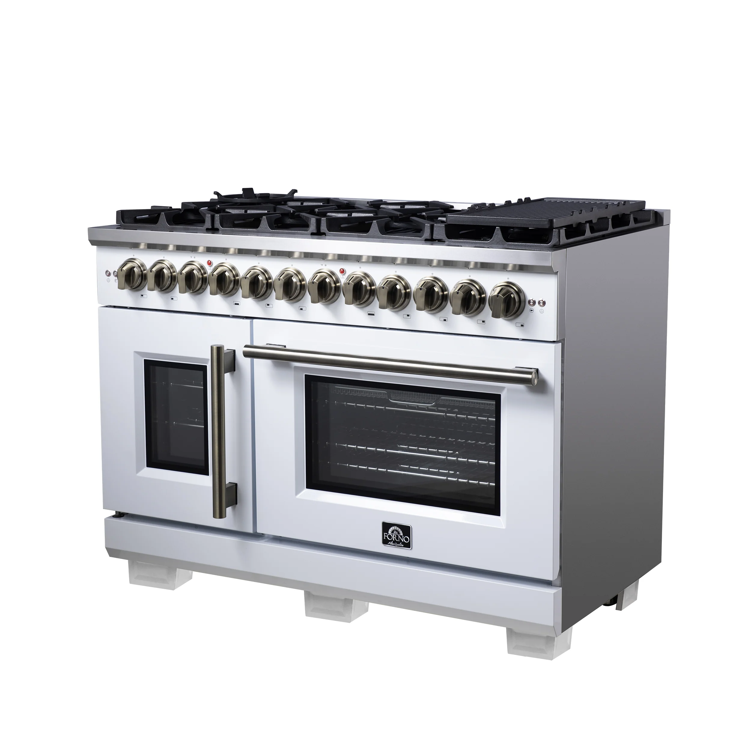 Forno Capriasca 48 Inch Freestanding French Door Dual Fuel Range in White with Antique Brass Accessories, 8 Burners, True Convection Oven - Image 7
