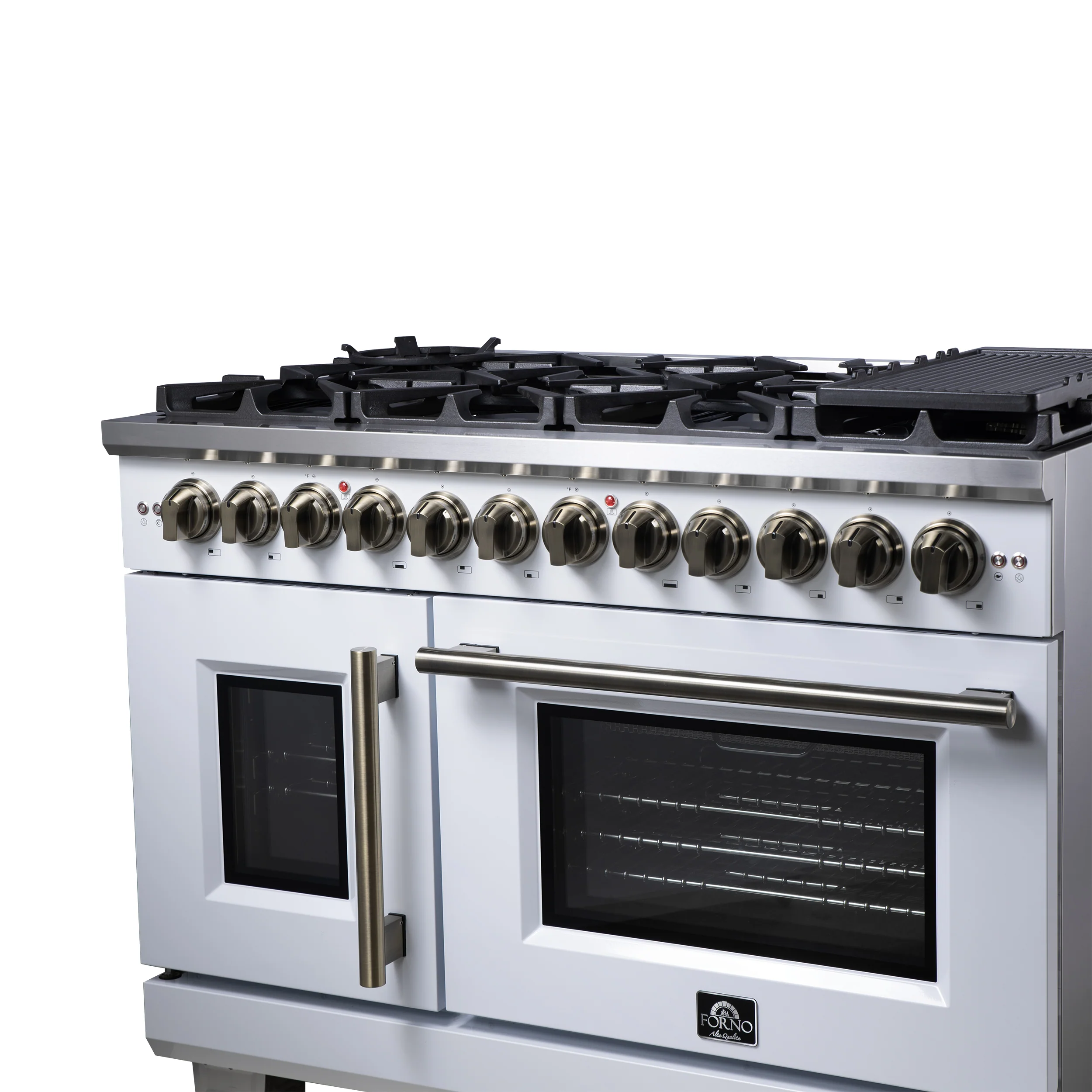 Forno Capriasca 48 Inch Freestanding French Door Dual Fuel Range in White with Antique Brass Accessories, 8 Burners, True Convection Oven - Image 8