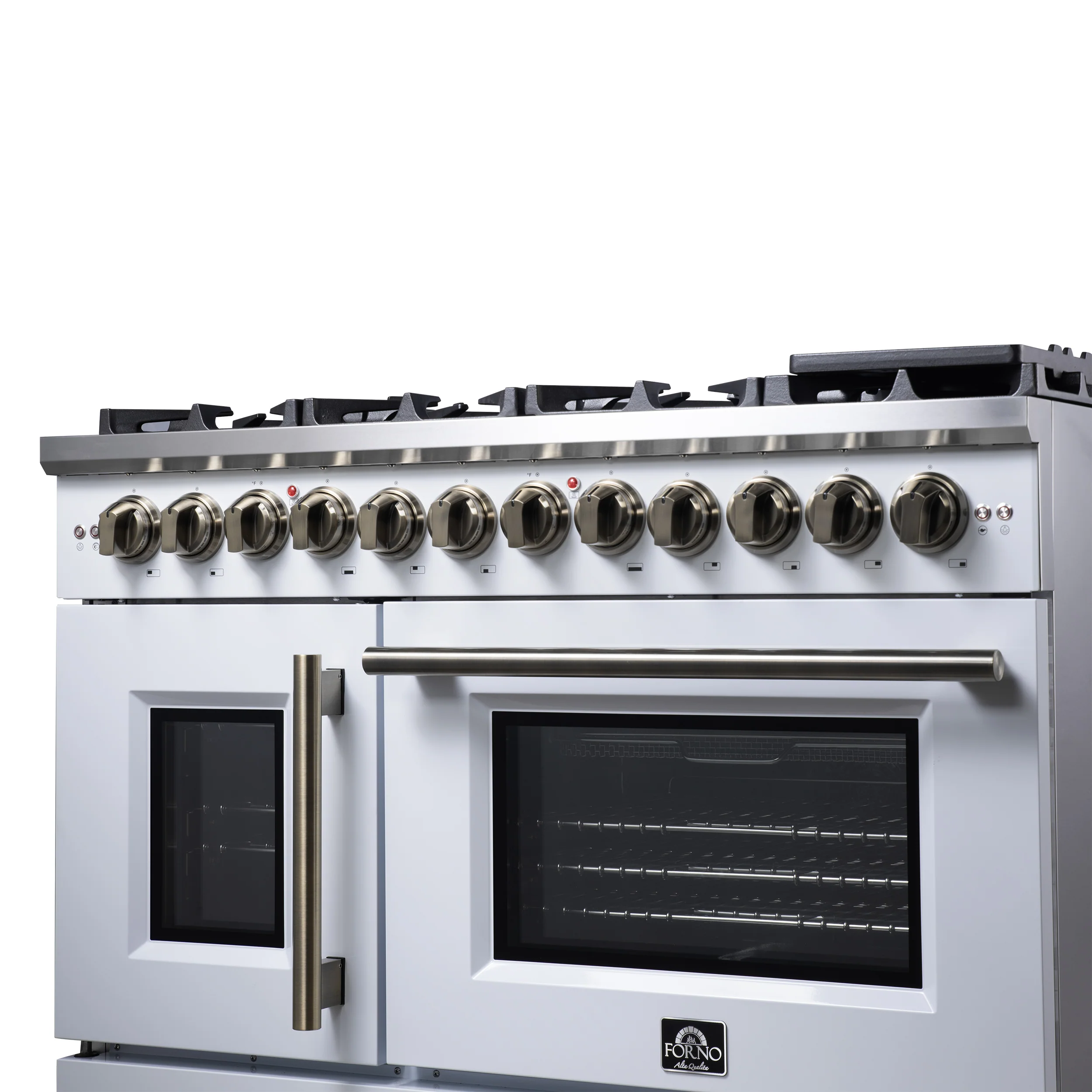 Forno Capriasca 48 Inch Freestanding French Door Dual Fuel Range in White with Antique Brass Accessories, 8 Burners, True Convection Oven - Image 9