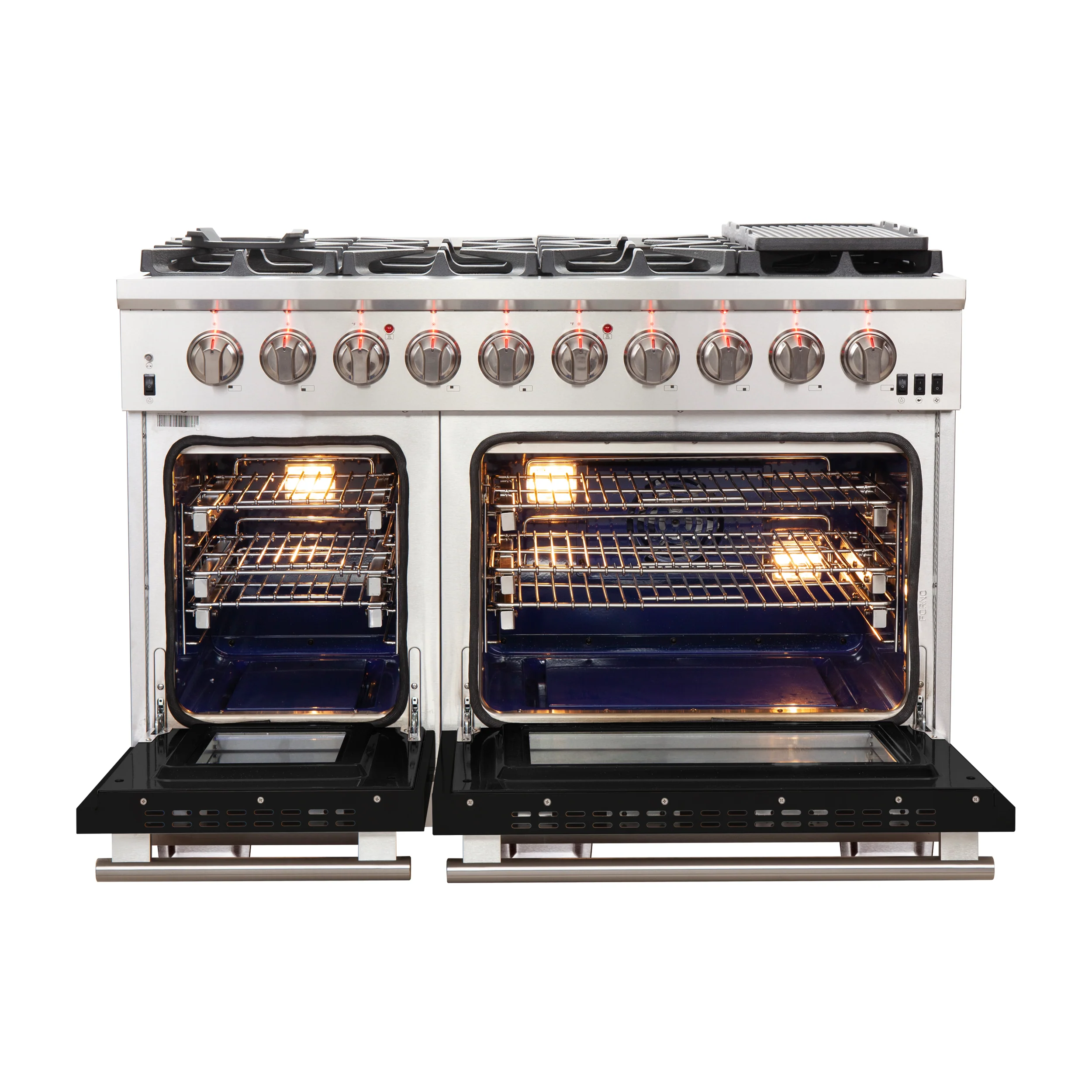 FORNO Capriasca 48-inch Gas Range Stainless Steel, 8 Brass Burners 160,000 BTU, 6.58 cu.ft. Double Oven, Black Doors - Image 2