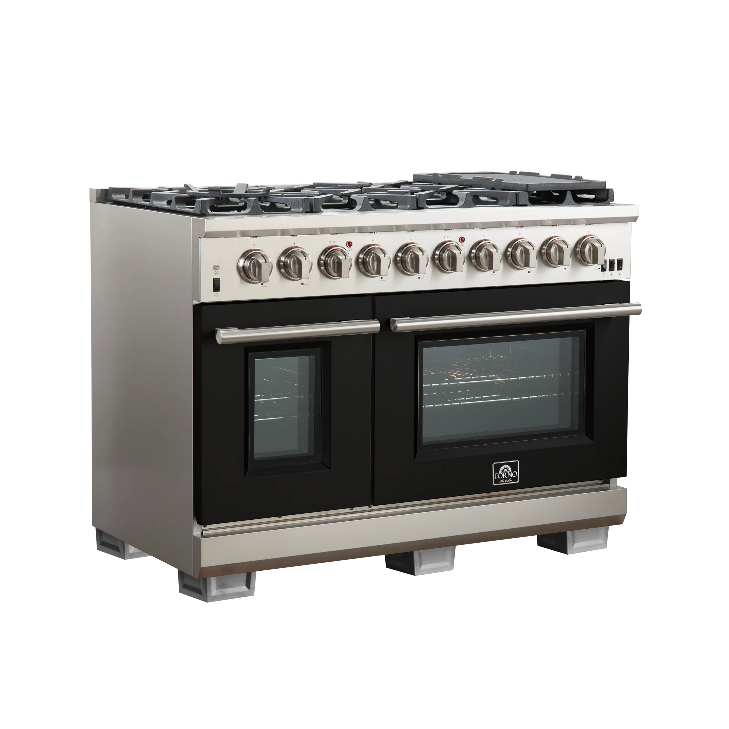 FORNO Capriasca 48-inch Gas Range Stainless Steel, 8 Brass Burners 160,000 BTU, 6.58 cu.ft. Double Oven, Black Doors - Image 3