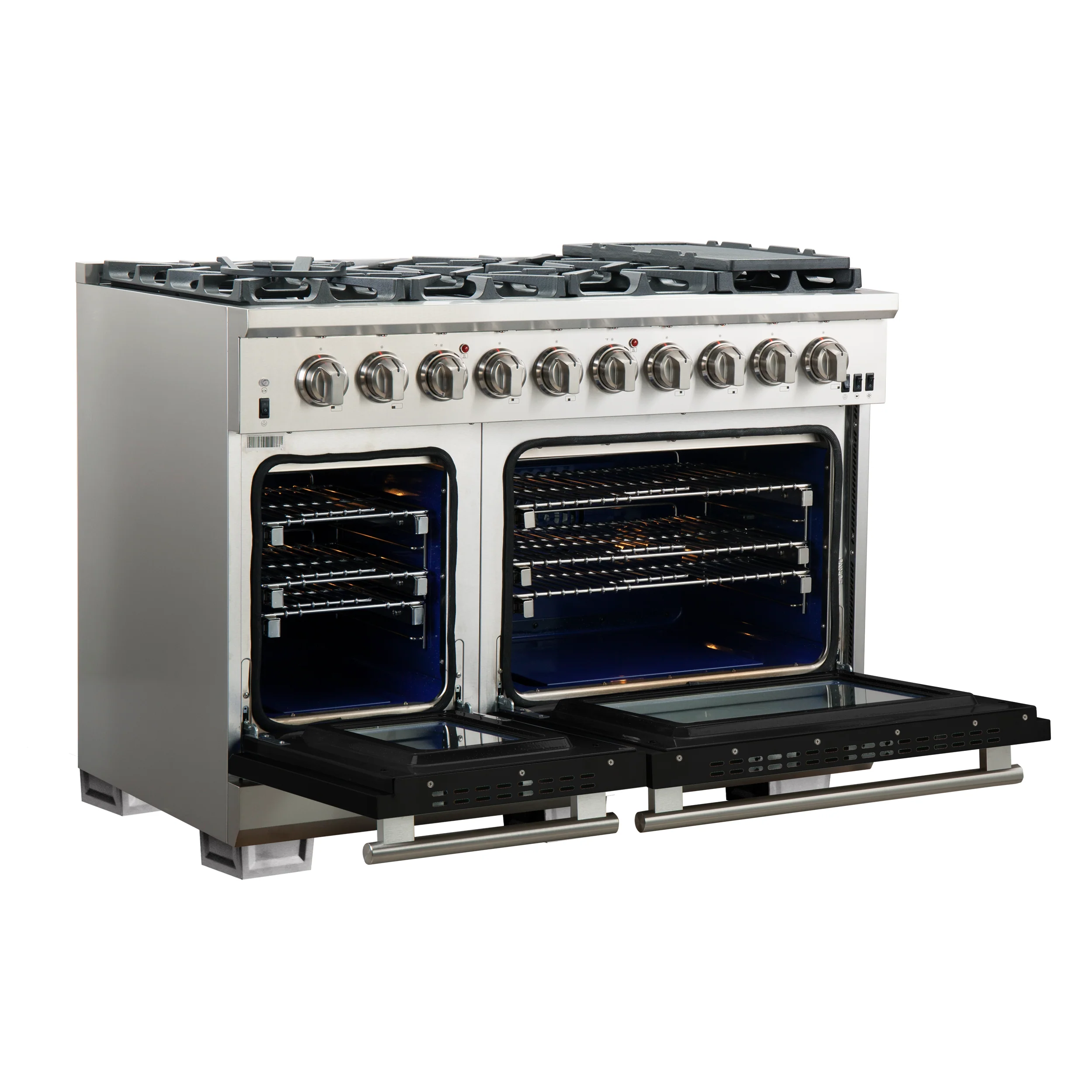 FORNO Capriasca 48-inch Gas Range Stainless Steel, 8 Brass Burners 160,000 BTU, 6.58 cu.ft. Double Oven, Black Doors - Image 4