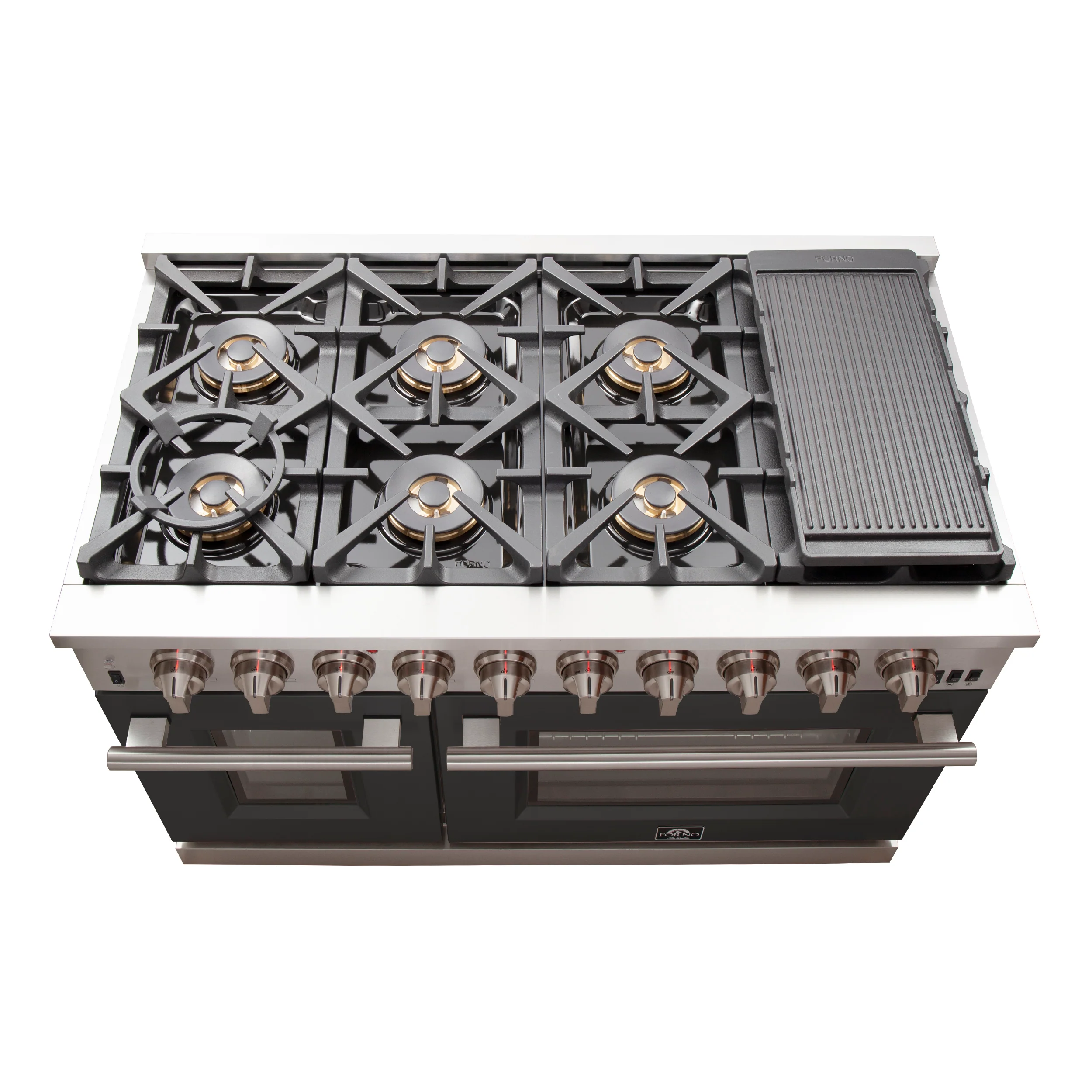 FORNO Capriasca 48-inch Gas Range Stainless Steel, 8 Brass Burners 160,000 BTU, 6.58 cu.ft. Double Oven, Black Doors - Image 5