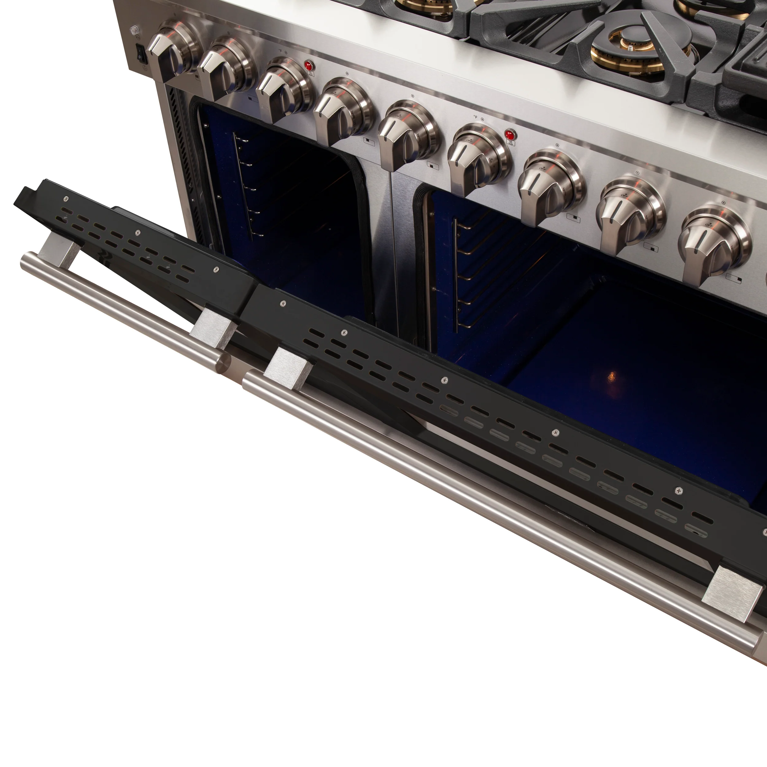 FORNO Capriasca 48-inch Gas Range Stainless Steel, 8 Brass Burners 160,000 BTU, 6.58 cu.ft. Double Oven, Black Doors - Image 6