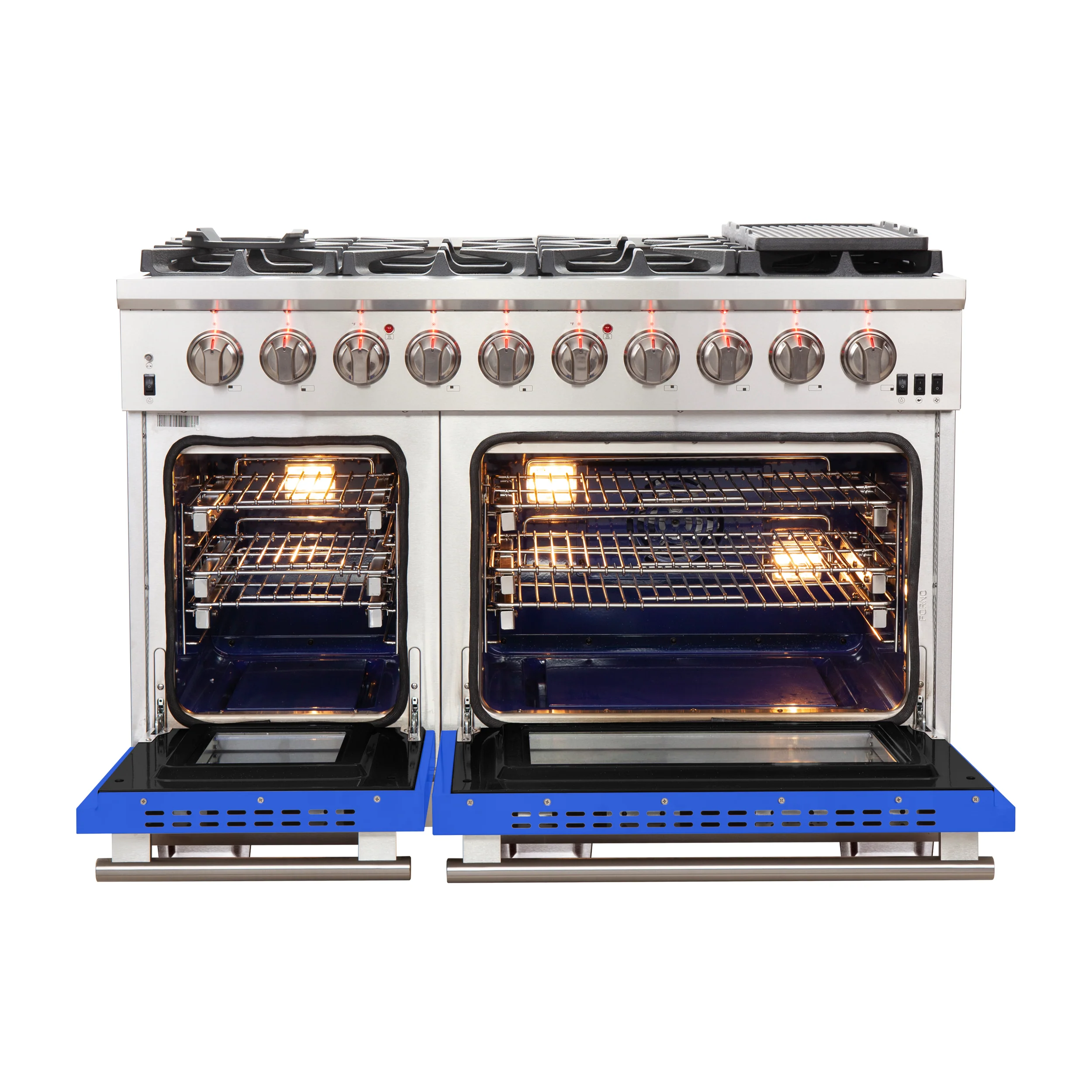 FORNO Capriasca 48-inch Gas Range Stainless Steel, 8 Brass Burners 160,000 BTU, 6.58 cu.ft. Double Oven, Blue Doors - Image 2